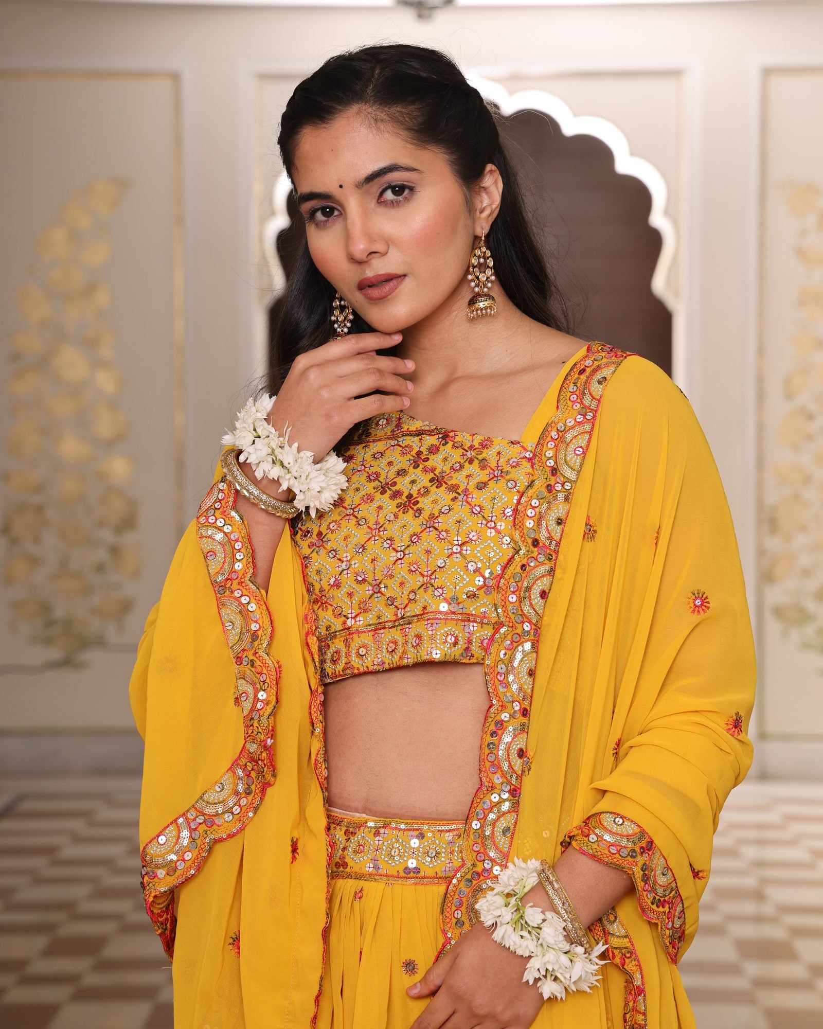 Mustard Yellow Mirror & Thread Embroidered Festive & Wedding Wear Semi-Stitched One-Shoulder Georgette Lehenga Set