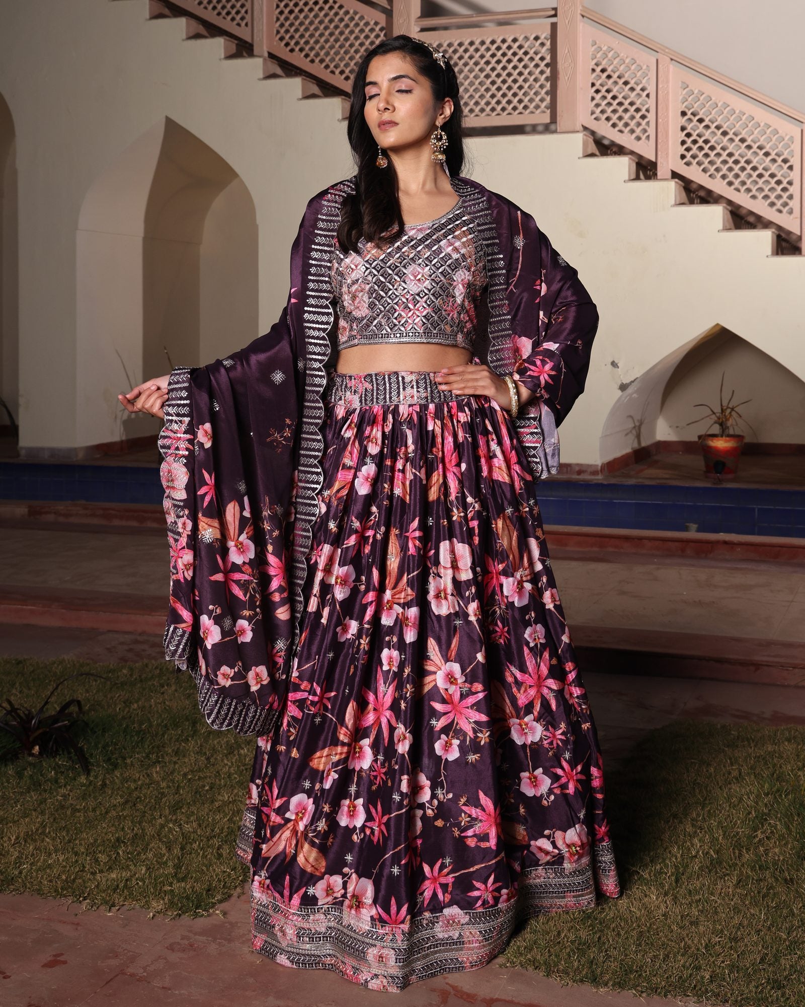 Wine Purple Floral Printed & Embroidered Festive & Wedding Wear Semi-Stitched Chinon Lehenga Set