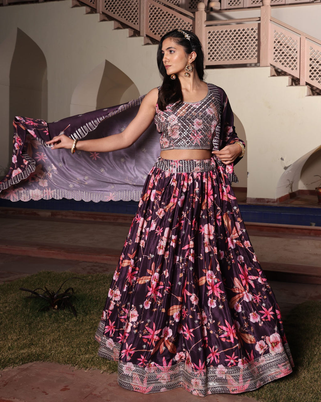 Wine Purple Floral Printed & Embroidered Festive & Wedding Wear Semi-Stitched Chinon Lehenga Set