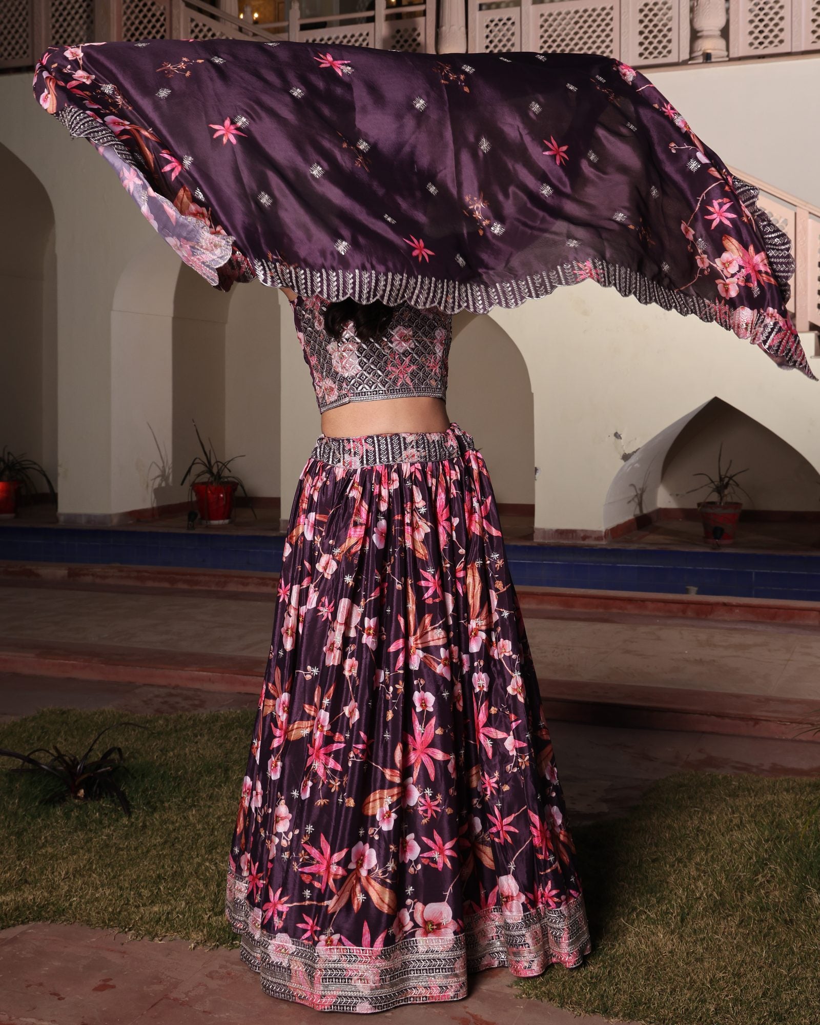 Wine Purple Floral Printed & Embroidered Festive & Wedding Wear Semi-Stitched Chinon Lehenga Set