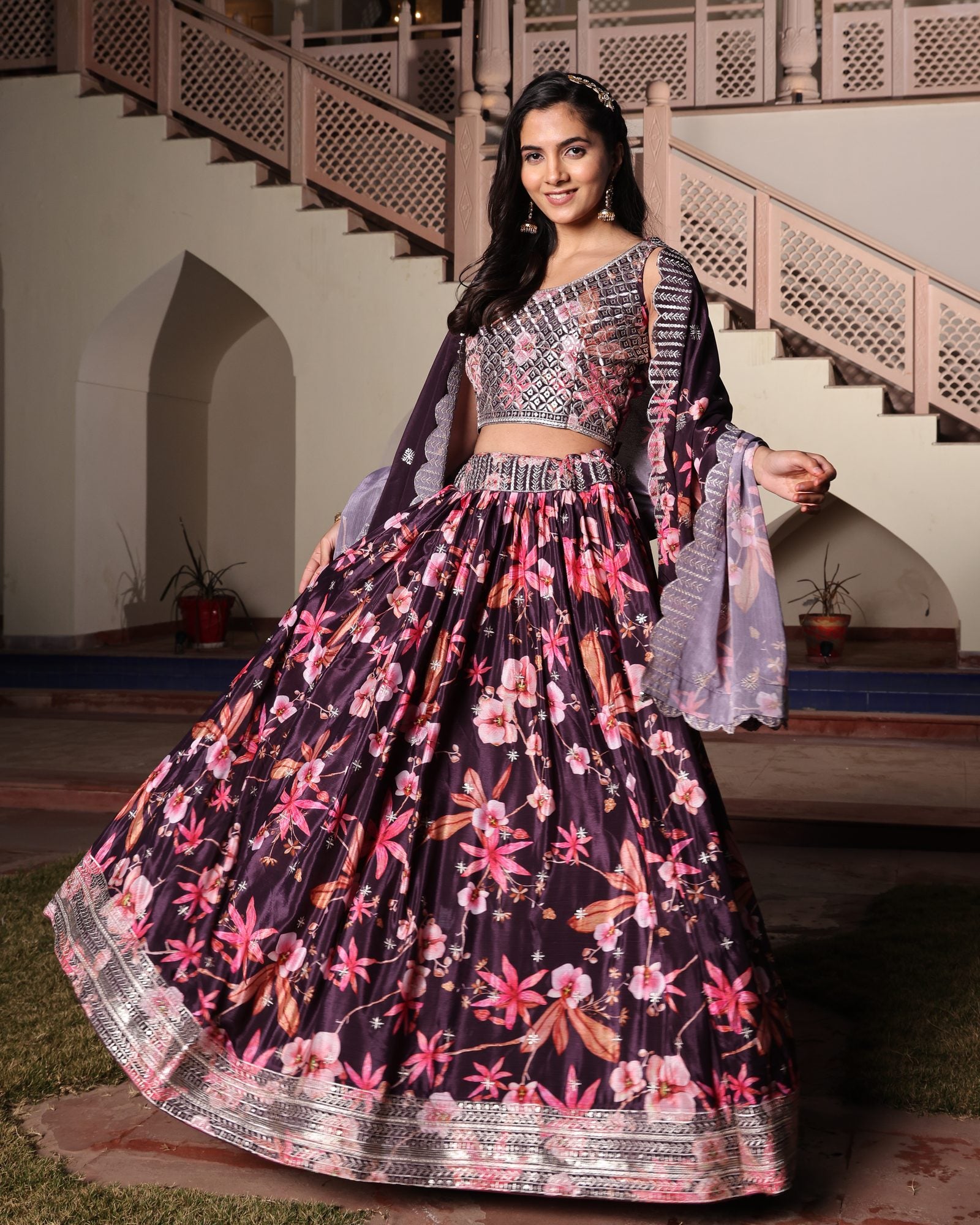 Wine Purple Floral Printed & Embroidered Festive & Wedding Wear Semi-Stitched Chinon Lehenga Set
