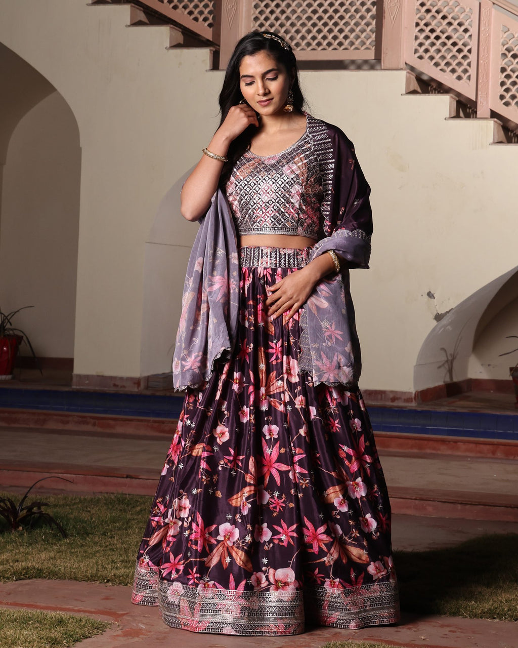 Wine Purple Floral Printed & Embroidered Festive & Wedding Wear Semi-Stitched Chinon Lehenga Set