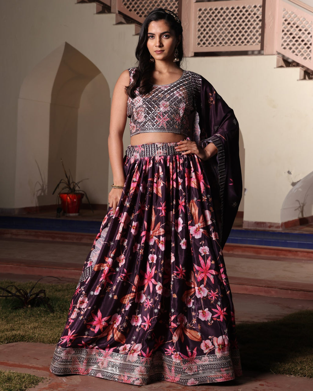 Wine Purple Floral Printed & Embroidered Festive & Wedding Wear Semi-Stitched Chinon Lehenga Set