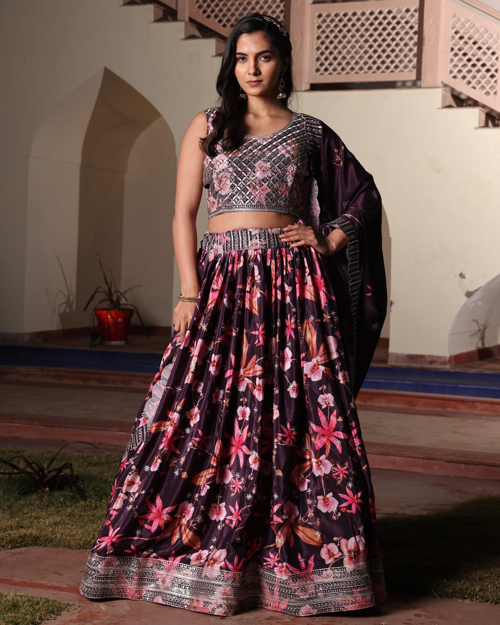 Wine Purple Floral Printed & Embroidered Festive & Wedding Wear Semi-Stitched Chinon Lehenga Set