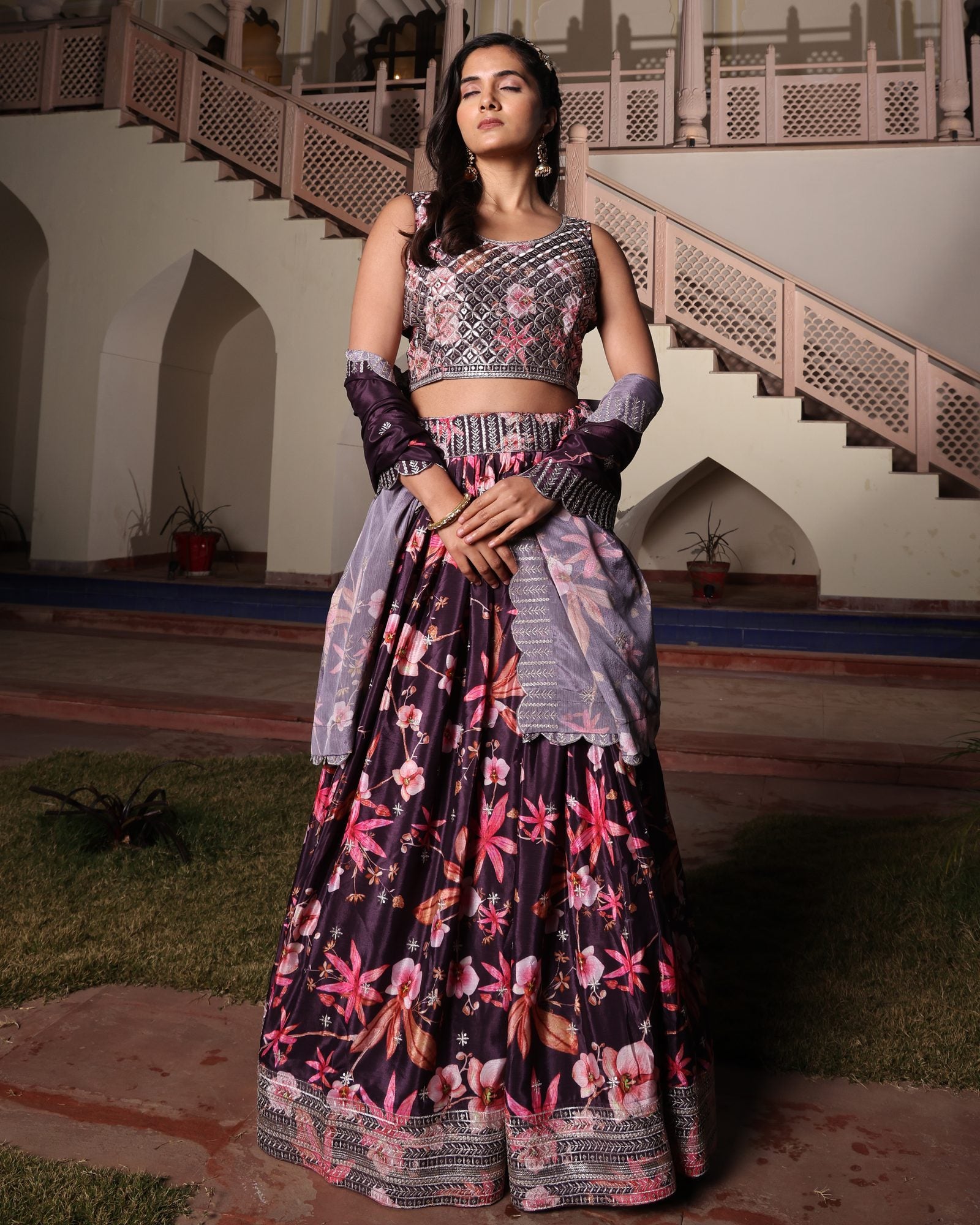 Wine Purple Floral Printed & Embroidered Festive & Wedding Wear Semi-Stitched Chinon Lehenga Set