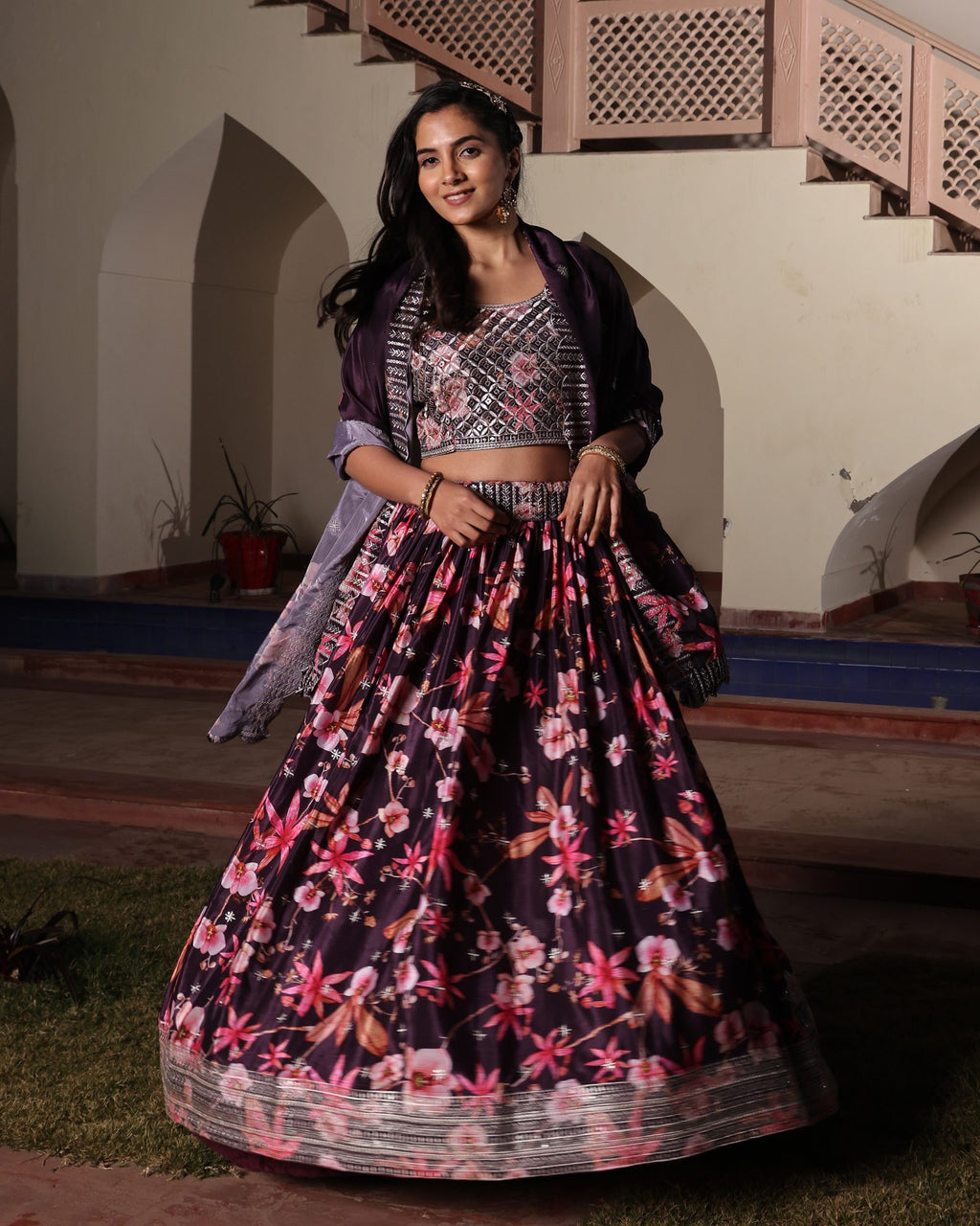 Wine Purple Floral Printed & Embroidered Festive & Wedding Wear Semi-Stitched Chinon Lehenga Set