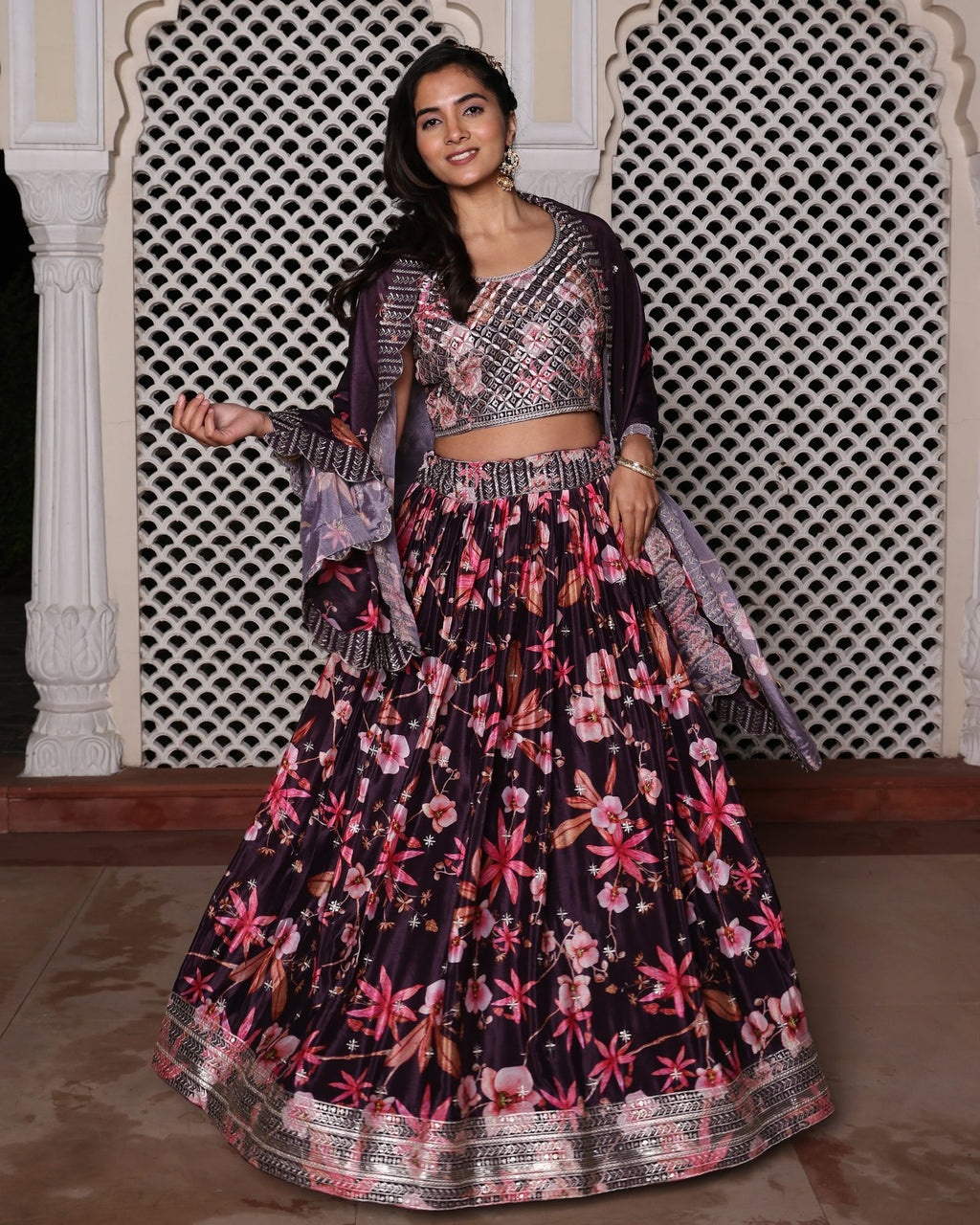 Wine Purple Floral Printed & Embroidered Festive & Wedding Wear Semi-Stitched Chinon Lehenga Set