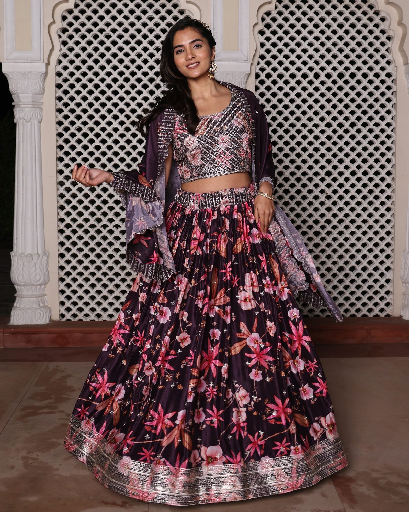 Wine Purple Floral Printed & Embroidered Festive & Wedding Wear Semi-Stitched Chinon Lehenga Set