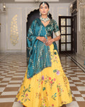 Teal Green Embroidered Festive & Wedding Wear V-Neck Blouse with Mustard Yellow Floral Printed Lehenga
