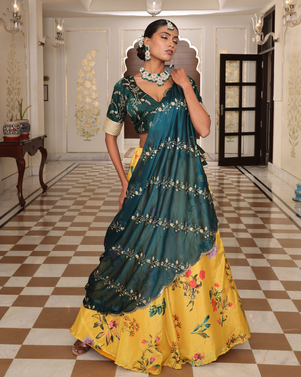 Teal Green Embroidered Festive & Wedding Wear V-Neck Blouse with Mustard Yellow Floral Printed Lehenga