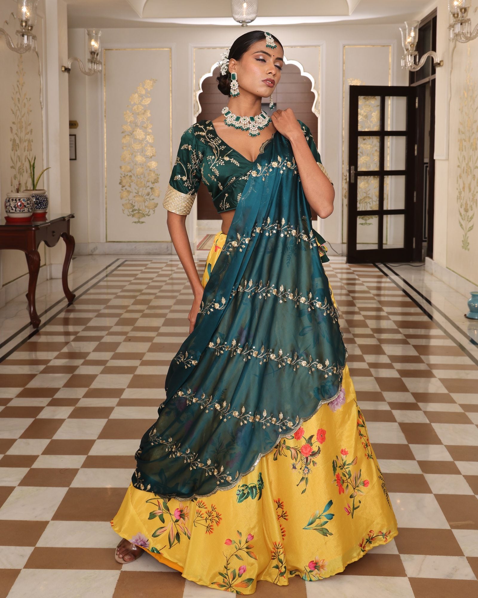 Teal Green Embroidered Festive & Wedding Wear V-Neck Blouse with Mustard Yellow Floral Printed Lehenga