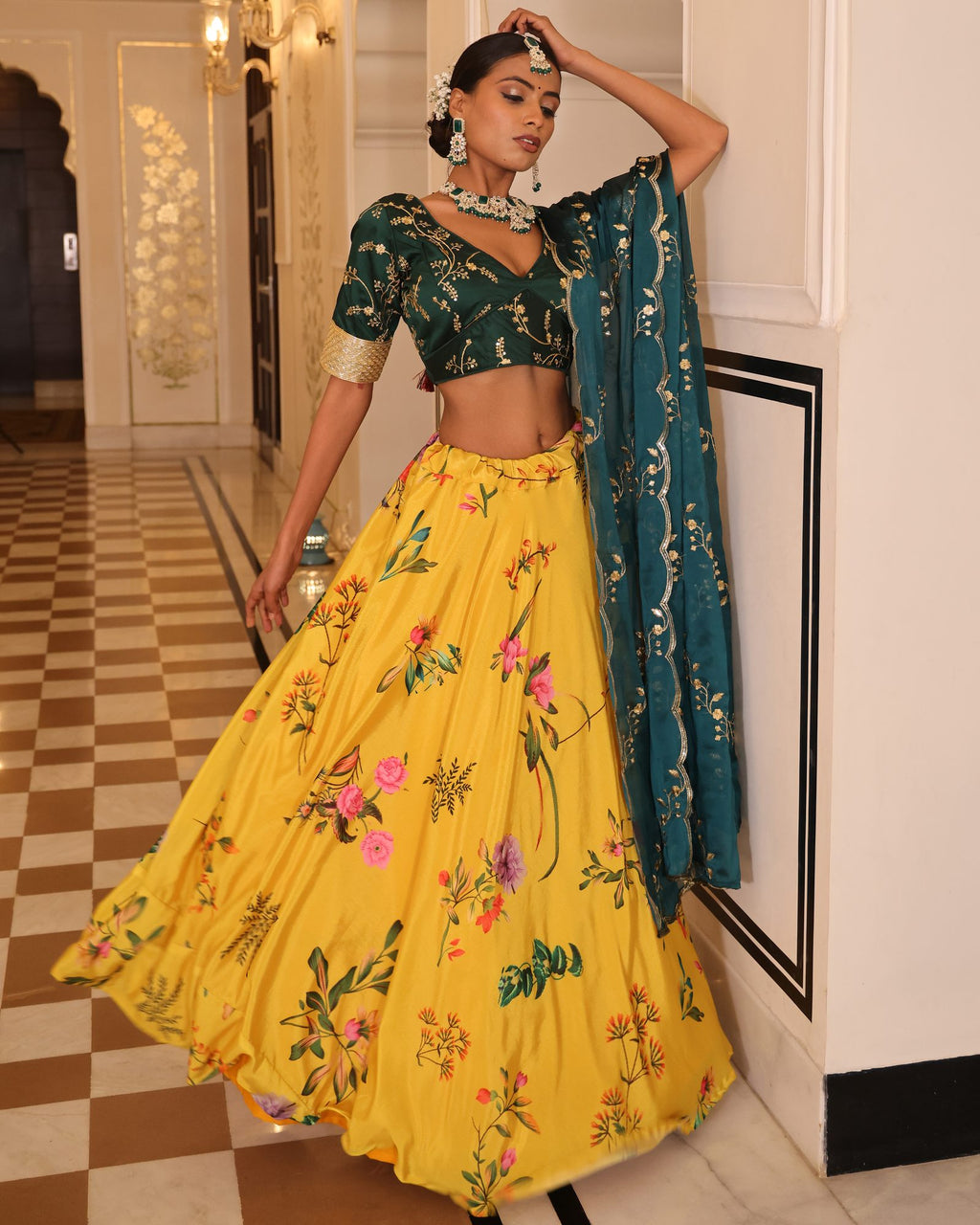 Teal Green Embroidered Festive & Wedding Wear V-Neck Blouse with Mustard Yellow Floral Printed Lehenga