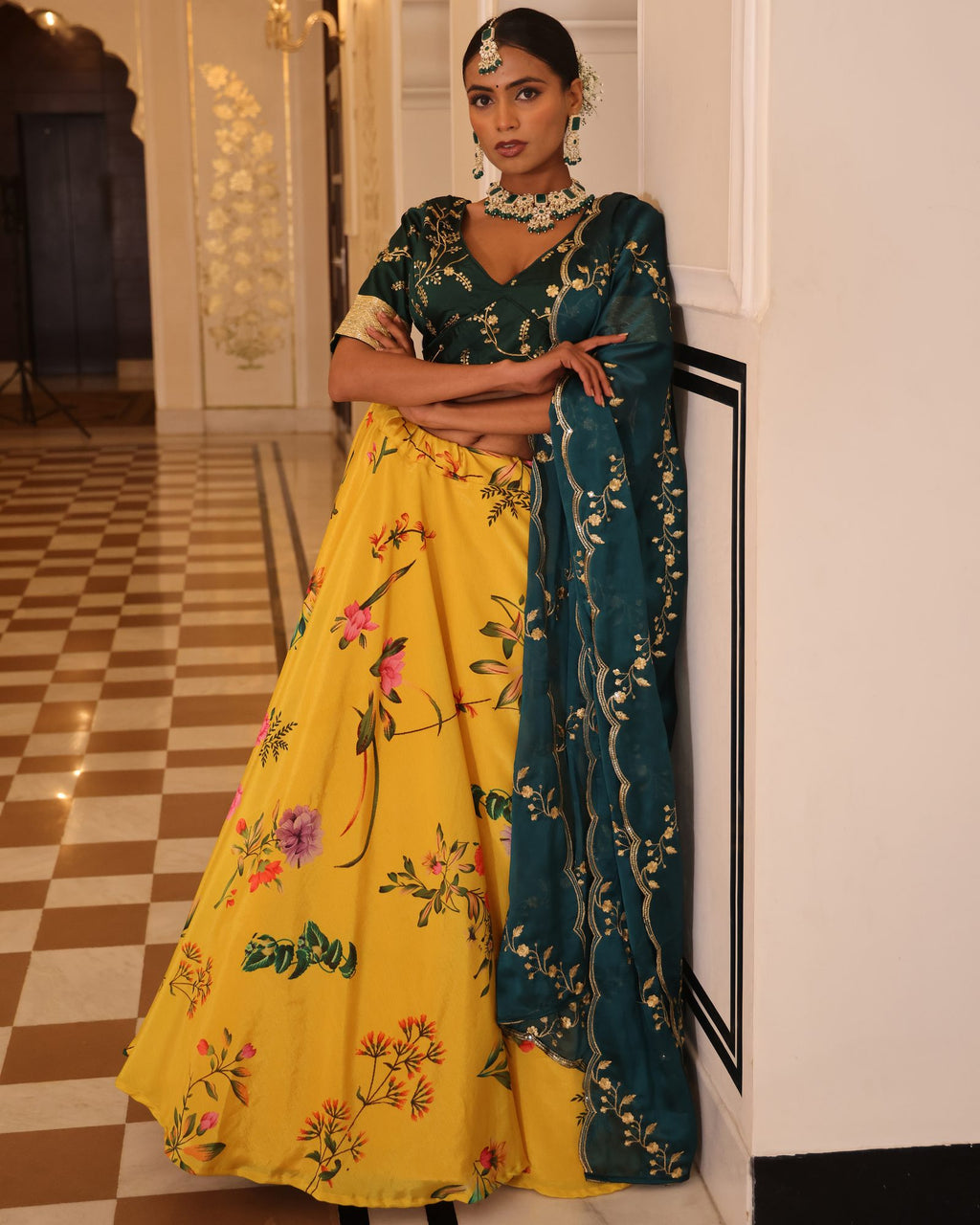 Teal Green Embroidered Festive & Wedding Wear V-Neck Blouse with Mustard Yellow Floral Printed Lehenga
