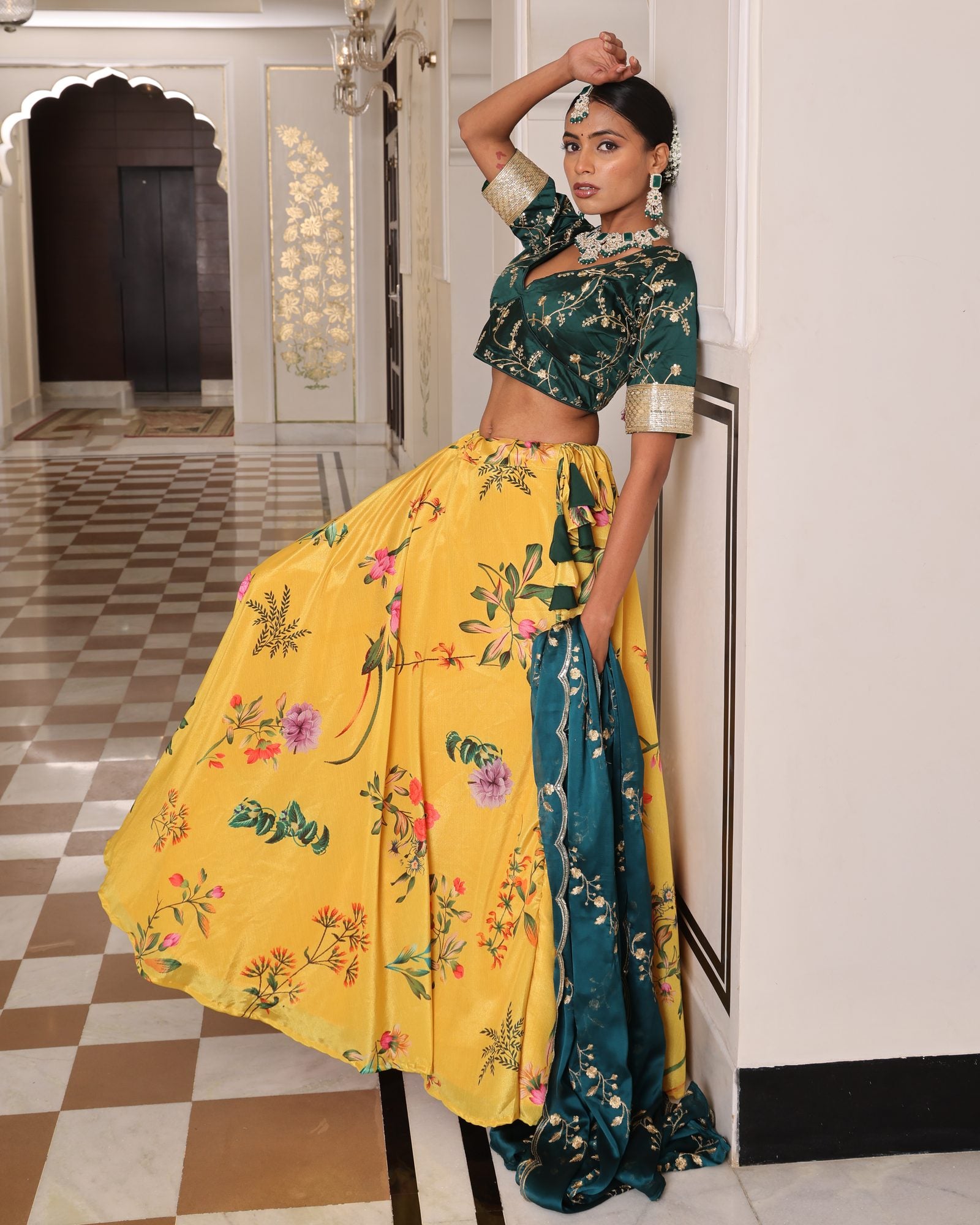 Teal Green Embroidered Festive & Wedding Wear V-Neck Blouse with Mustard Yellow Floral Printed Lehenga
