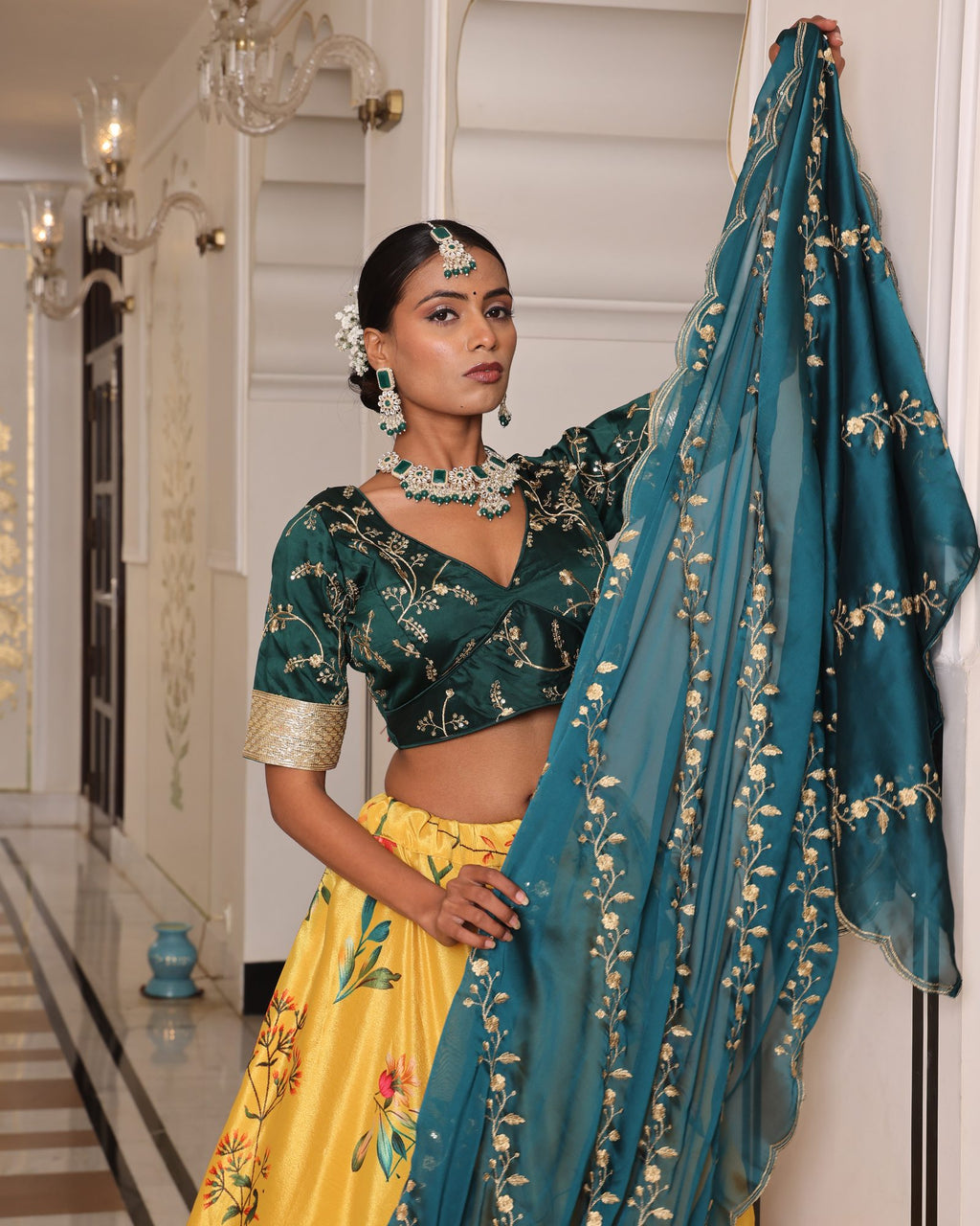 Teal Green Embroidered Festive & Wedding Wear V-Neck Blouse with Mustard Yellow Floral Printed Lehenga