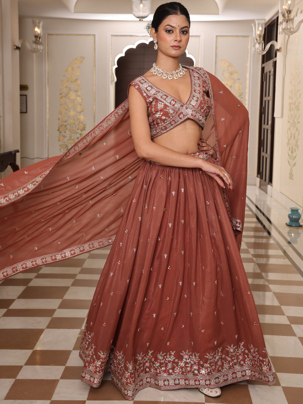 Rust Embroidered Wedding & Reception Wear Semi-stitch V-Neck Georgette Lehenga Set with Dupatta