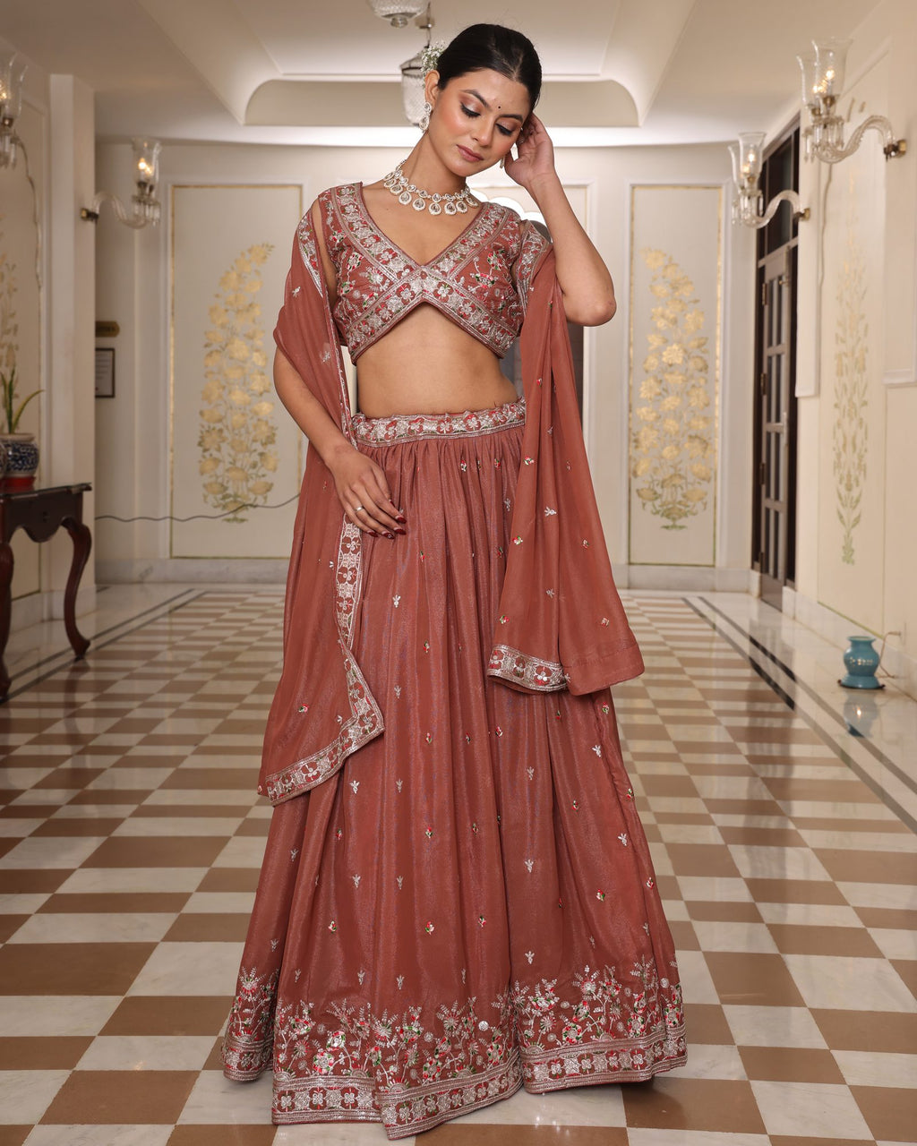 Rust Embroidered Wedding & Reception Wear Semi-stitch V-Neck Georgette Lehenga Set with Dupatta