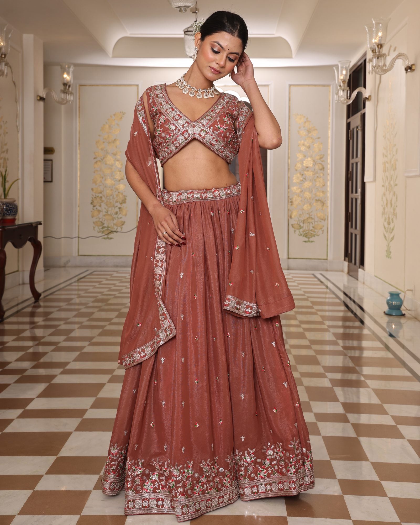 Rust Embroidered Wedding & Reception Wear Semi-stitch V-Neck Georgette Lehenga Set with Dupatta