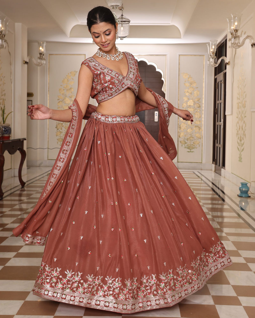 Rust Embroidered Wedding & Reception Wear Semi-stitch V-Neck Georgette Lehenga Set with Dupatta