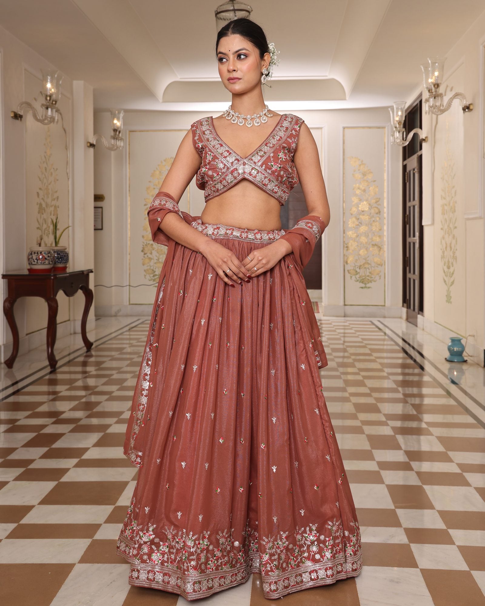 Rust Embroidered Wedding & Reception Wear Semi-stitch V-Neck Georgette Lehenga Set with Dupatta