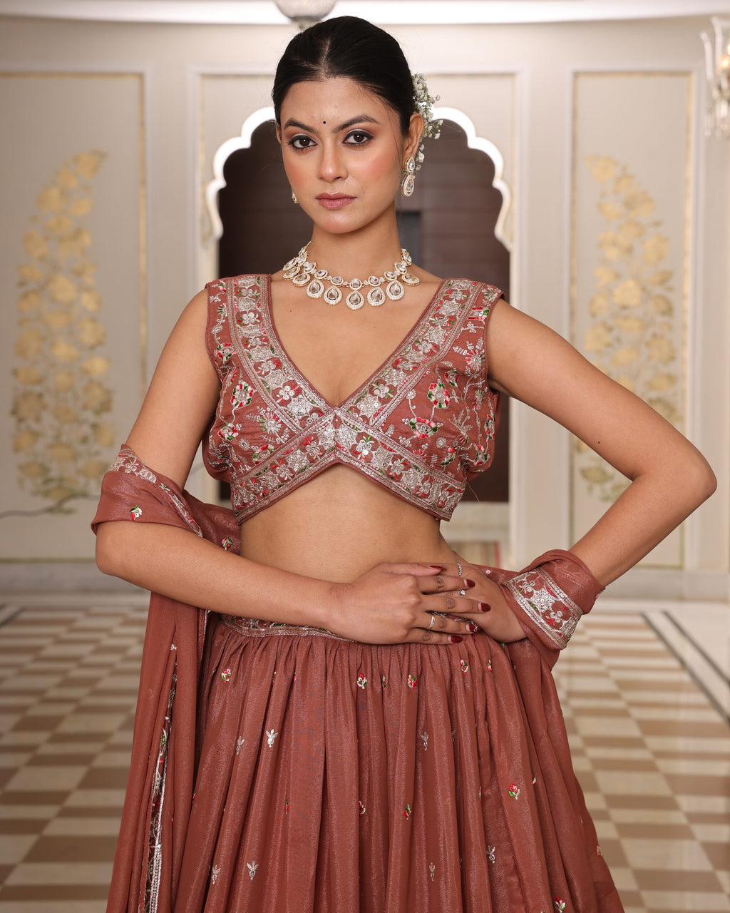 Rust Embroidered Wedding & Reception Wear Semi-stitch V-Neck Georgette Lehenga Set with Dupatta