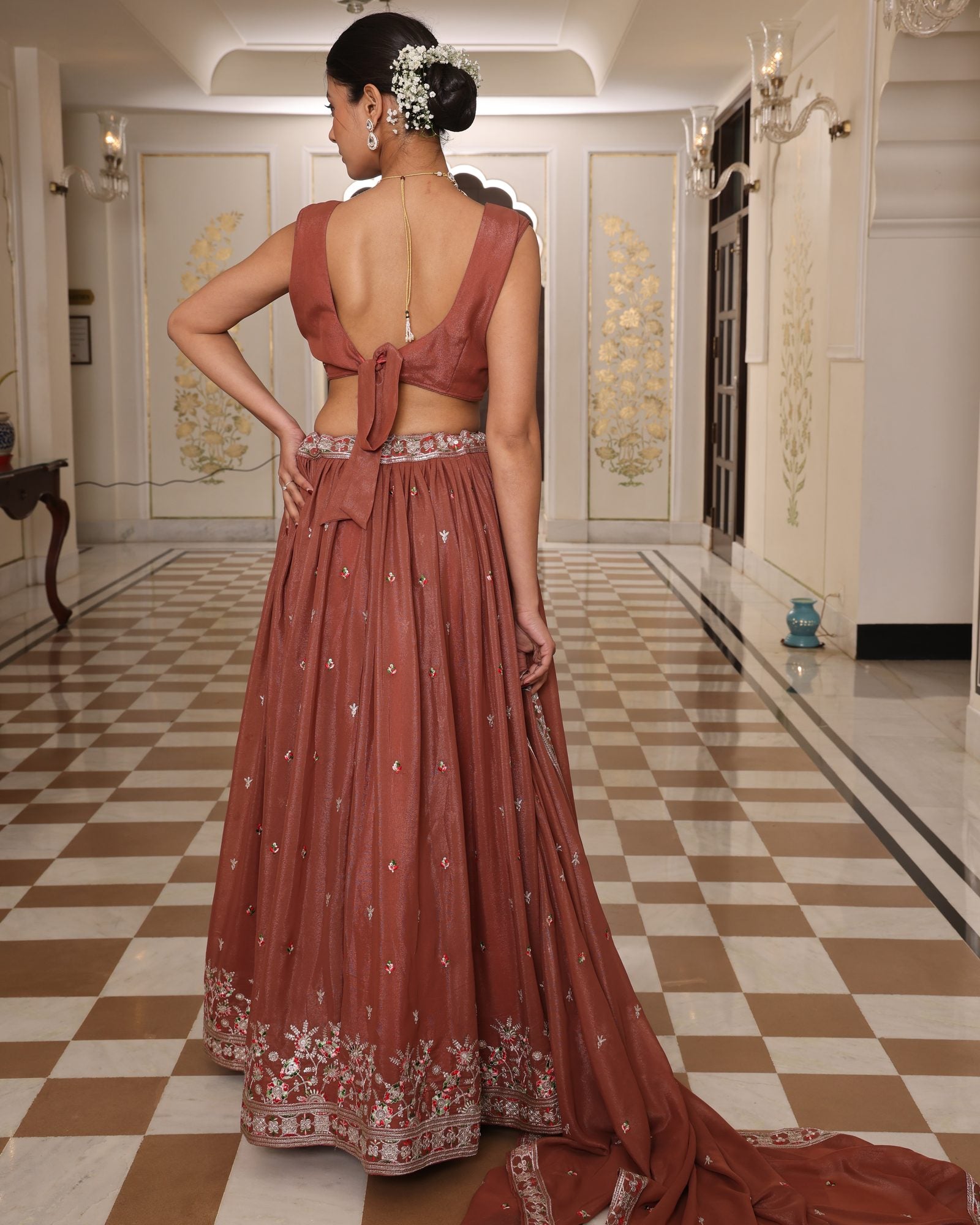 Rust Embroidered Wedding & Reception Wear Semi-stitch V-Neck Georgette Lehenga Set with Dupatta