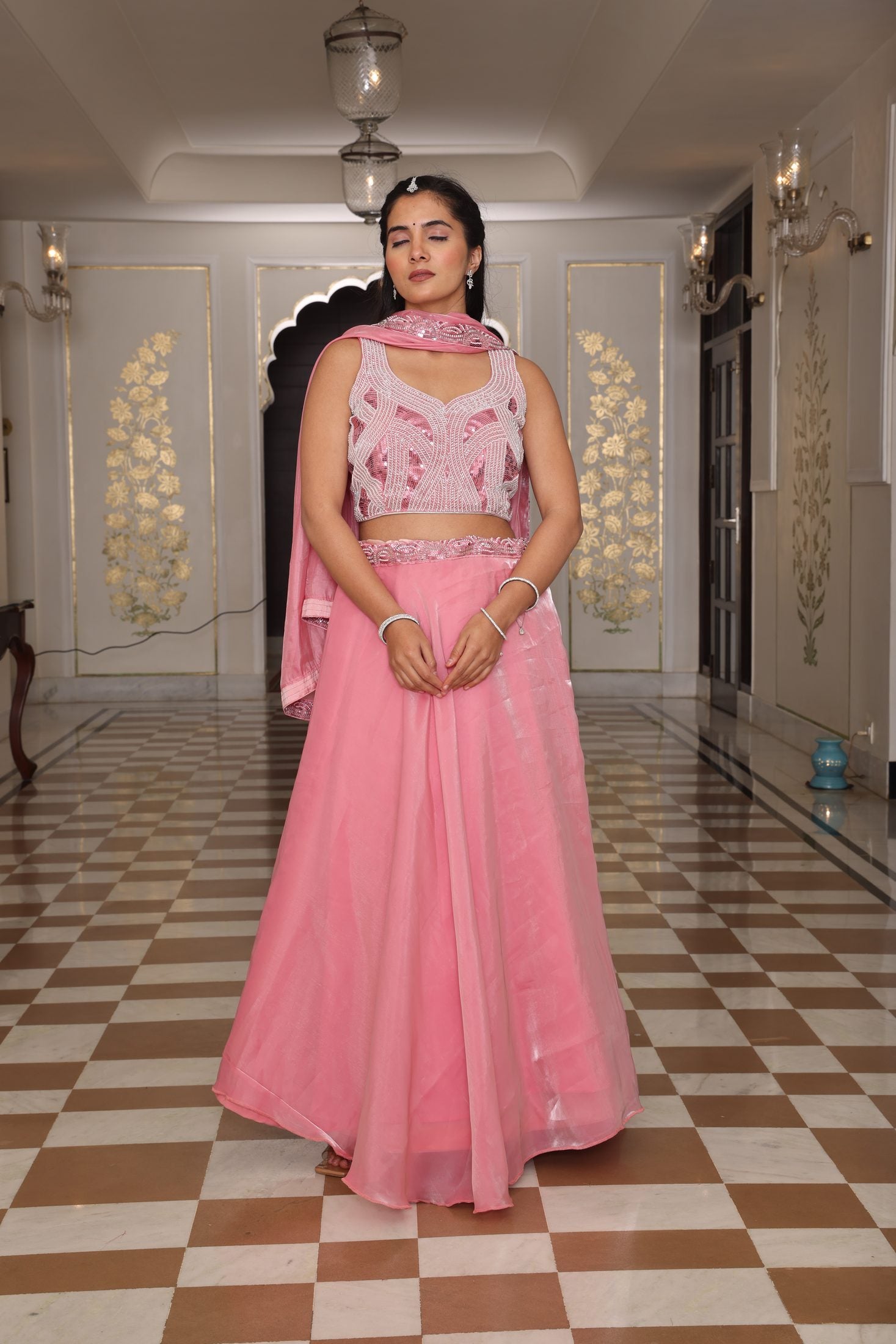 Pink Thread Embroidered Jimmy Choo Semi-Stitch Wedding WearSleeveless Lehenga Set with Dupatta