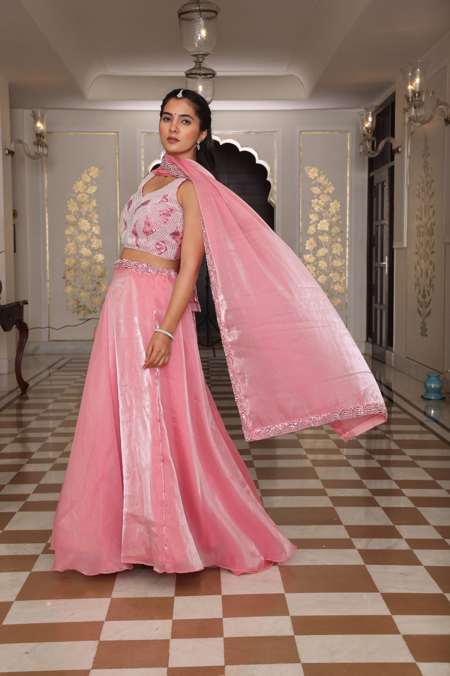 Pink Thread Embroidered Jimmy Choo Semi-Stitch Wedding WearSleeveless Lehenga Set with Dupatta