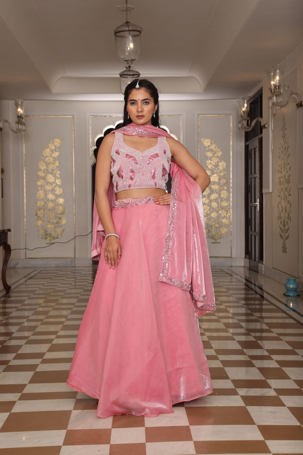 Pink Thread Embroidered Jimmy Choo Semi-Stitch Wedding WearSleeveless Lehenga Set with Dupatta