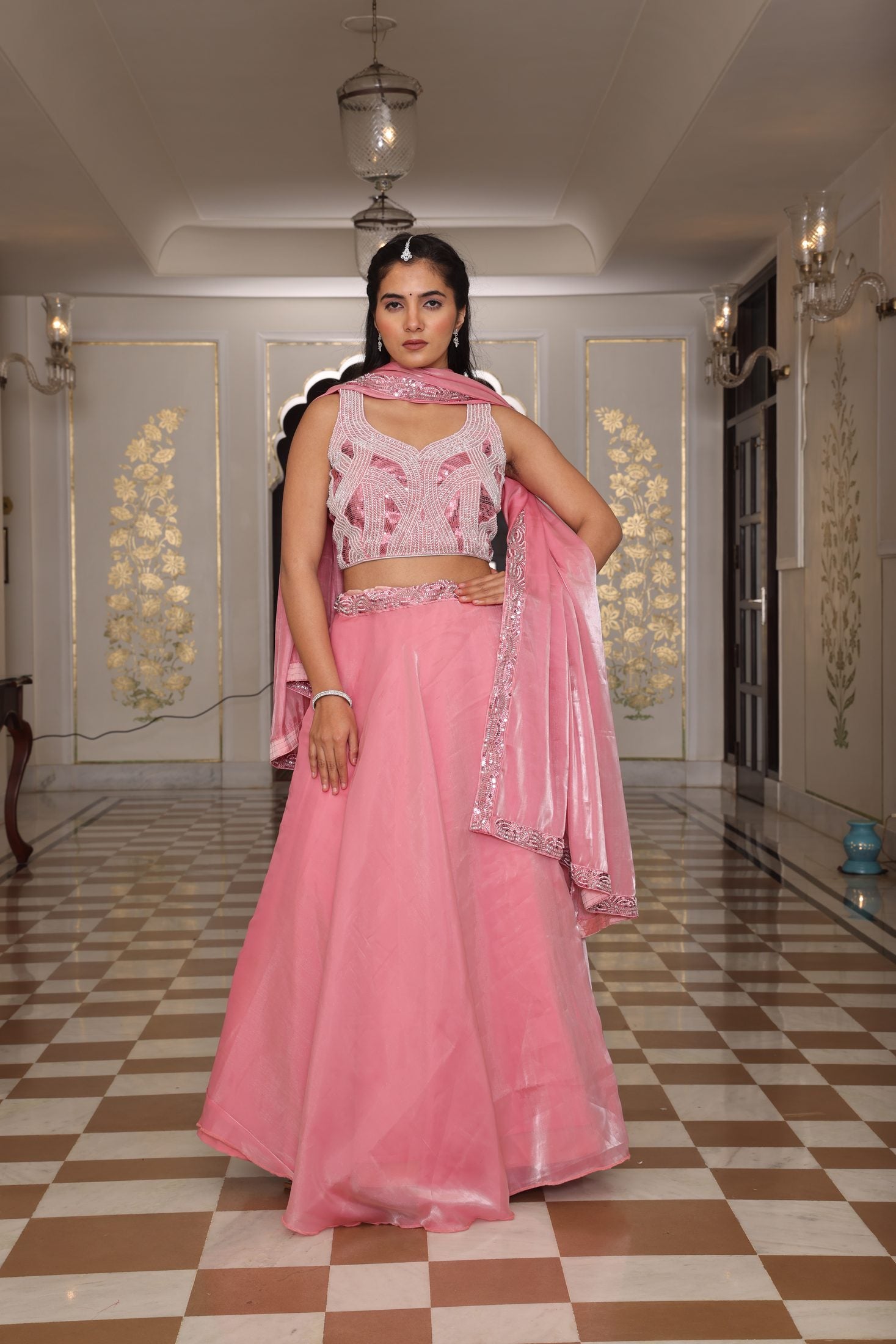 Pink Thread Embroidered Jimmy Choo Semi-Stitch Wedding WearSleeveless Lehenga Set with Dupatta