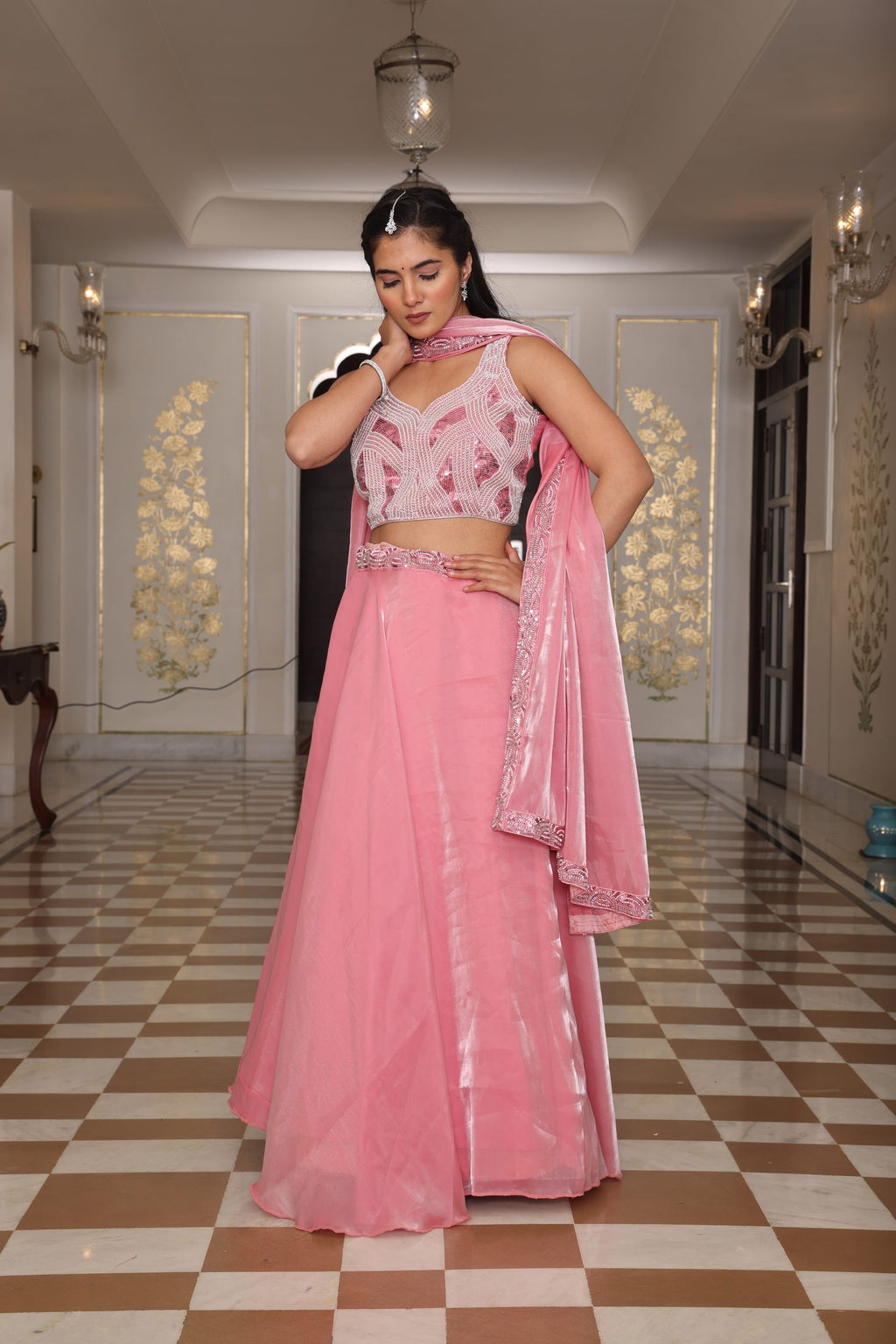 Pink Thread Embroidered Jimmy Choo Semi-Stitch Wedding WearSleeveless Lehenga Set with Dupatta