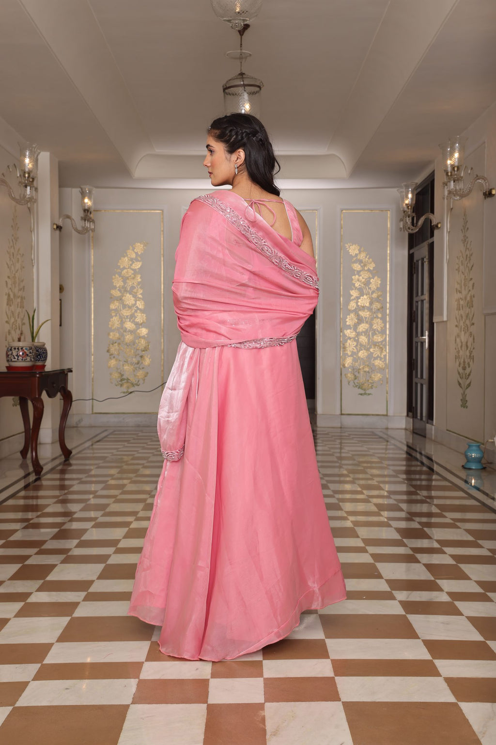 Pink Thread Embroidered Jimmy Choo Semi-Stitch Wedding WearSleeveless Lehenga Set with Dupatta