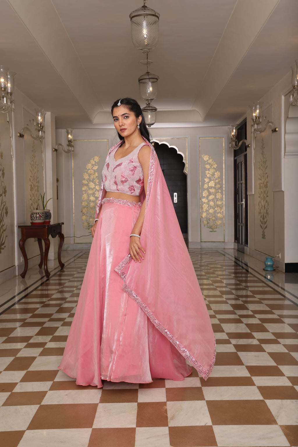 Pink Thread Embroidered Jimmy Choo Semi-Stitch Wedding WearSleeveless Lehenga Set with Dupatta
