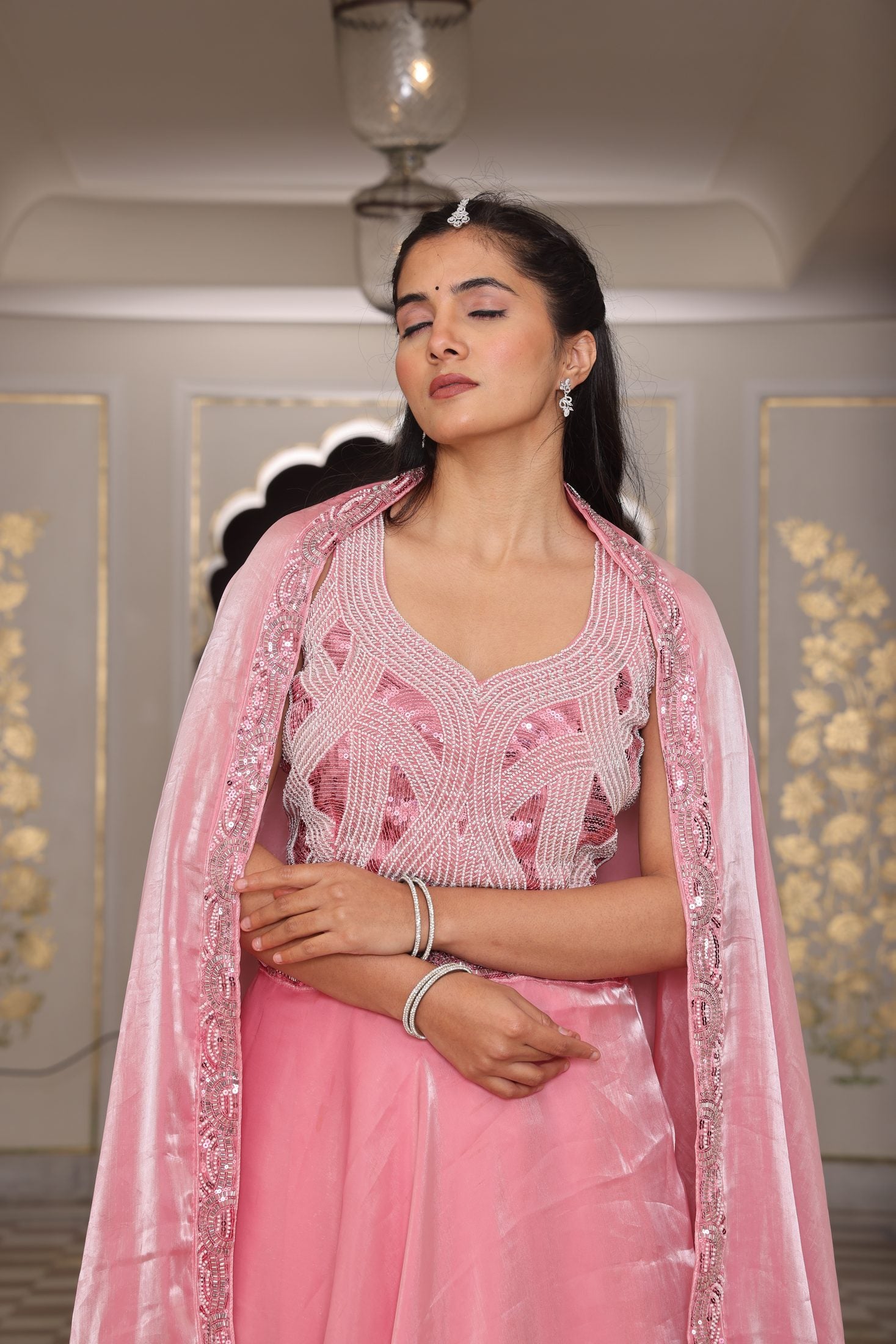 Pink Thread Embroidered Jimmy Choo Semi-Stitch Wedding WearSleeveless Lehenga Set with Dupatta