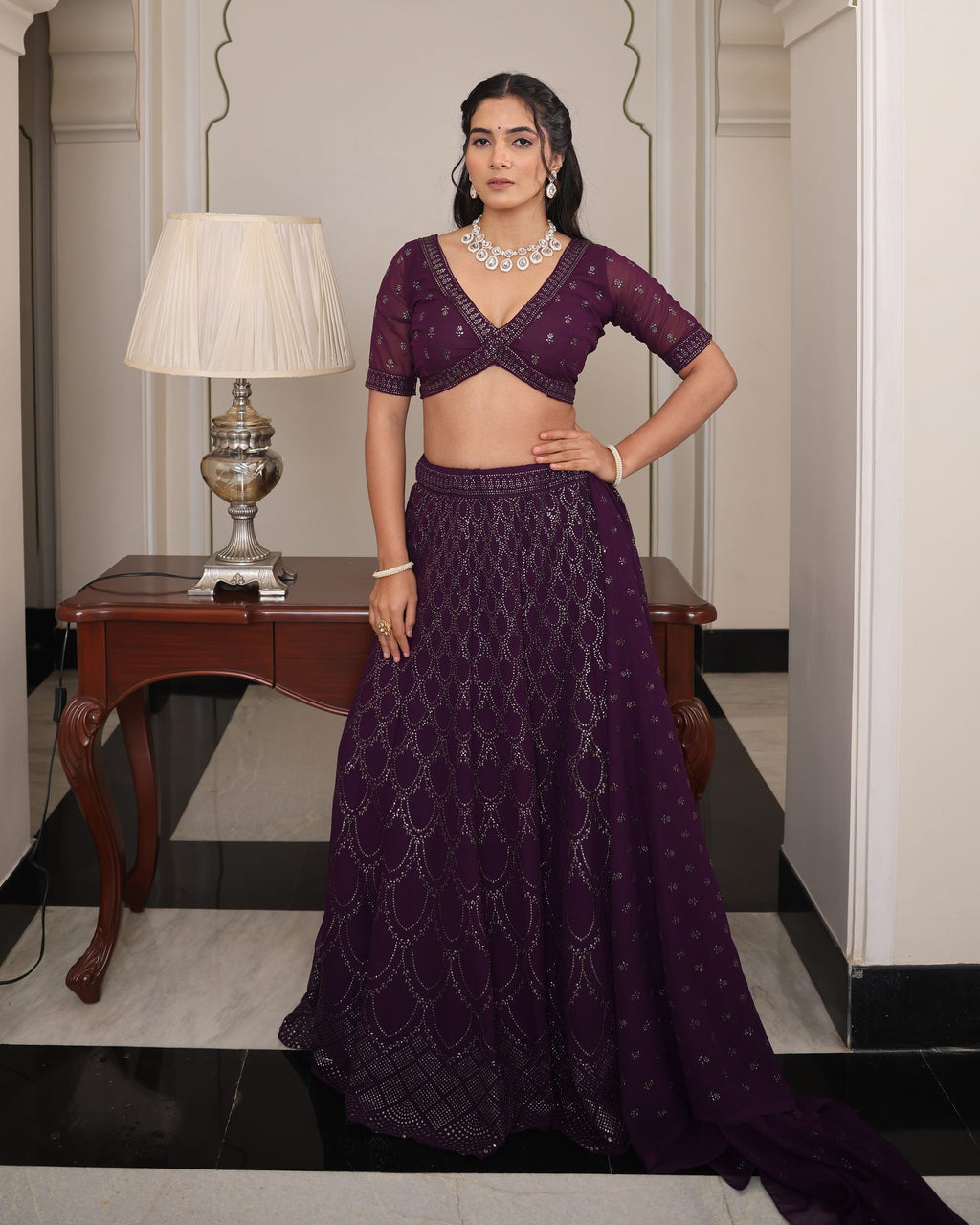 Women’s Wine Purple Heavy Embroidered Wedding & Reception Wear Lehenga Choli with Dupatta