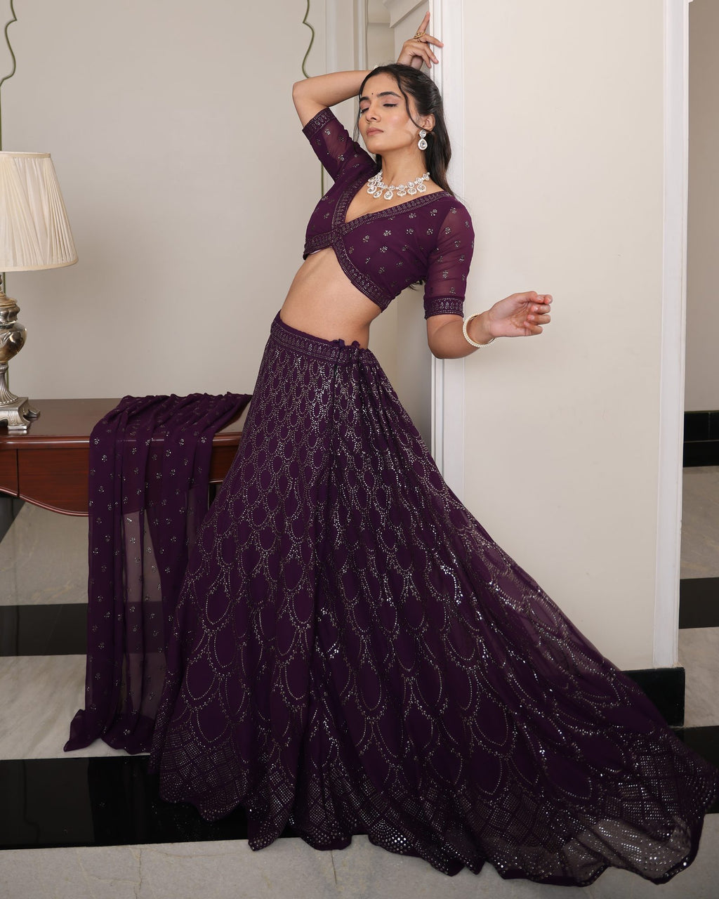 Women’s Wine Purple Heavy Embroidered Wedding & Reception Wear Lehenga Choli with Dupatta