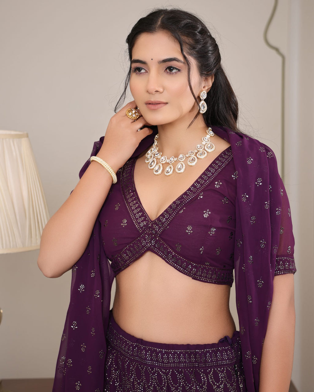 Women’s Wine Purple Heavy Embroidered Wedding & Reception Wear Lehenga Choli with Dupatta
