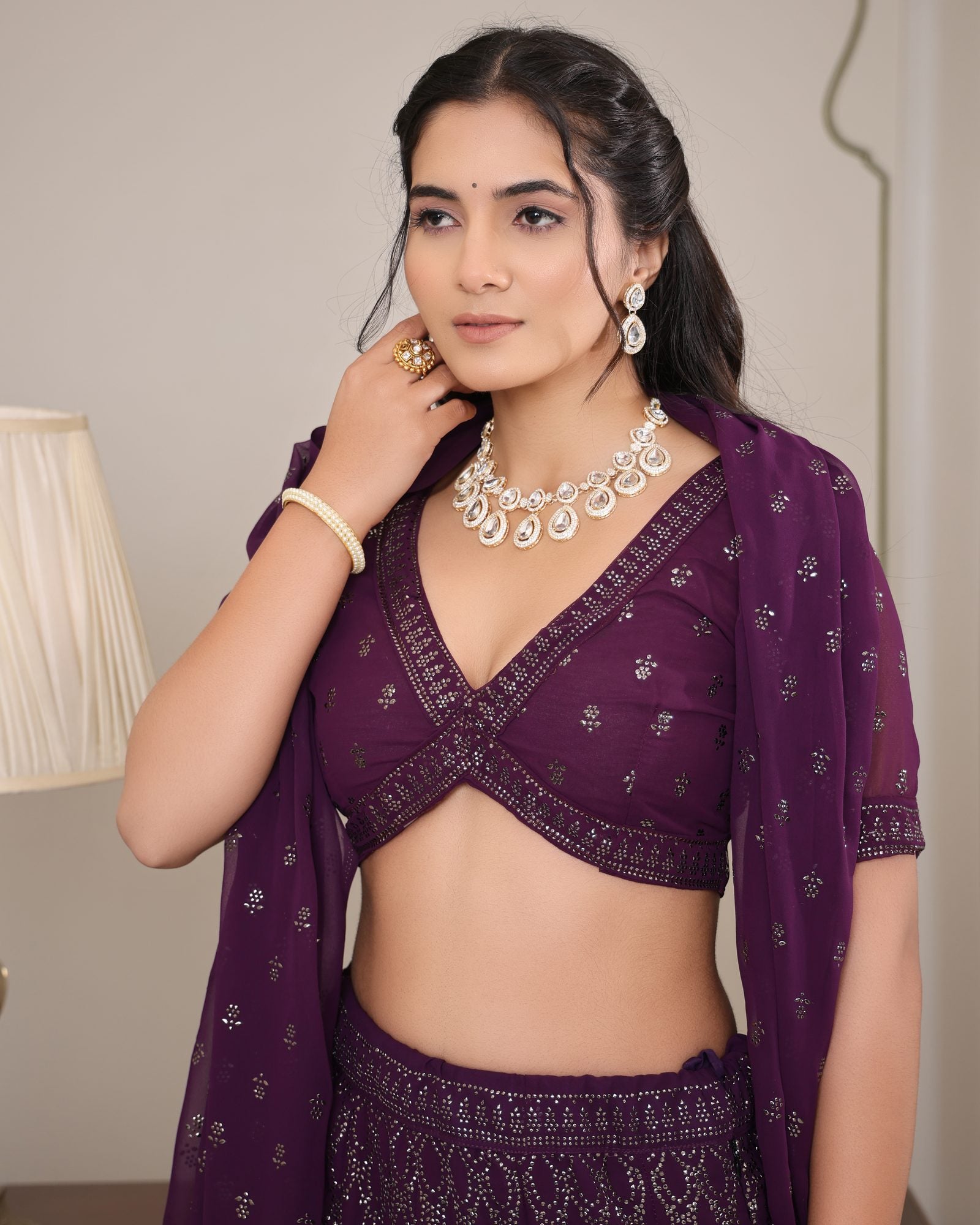 Women’s Wine Purple Heavy Embroidered Wedding & Reception Wear Lehenga Choli with Dupatta