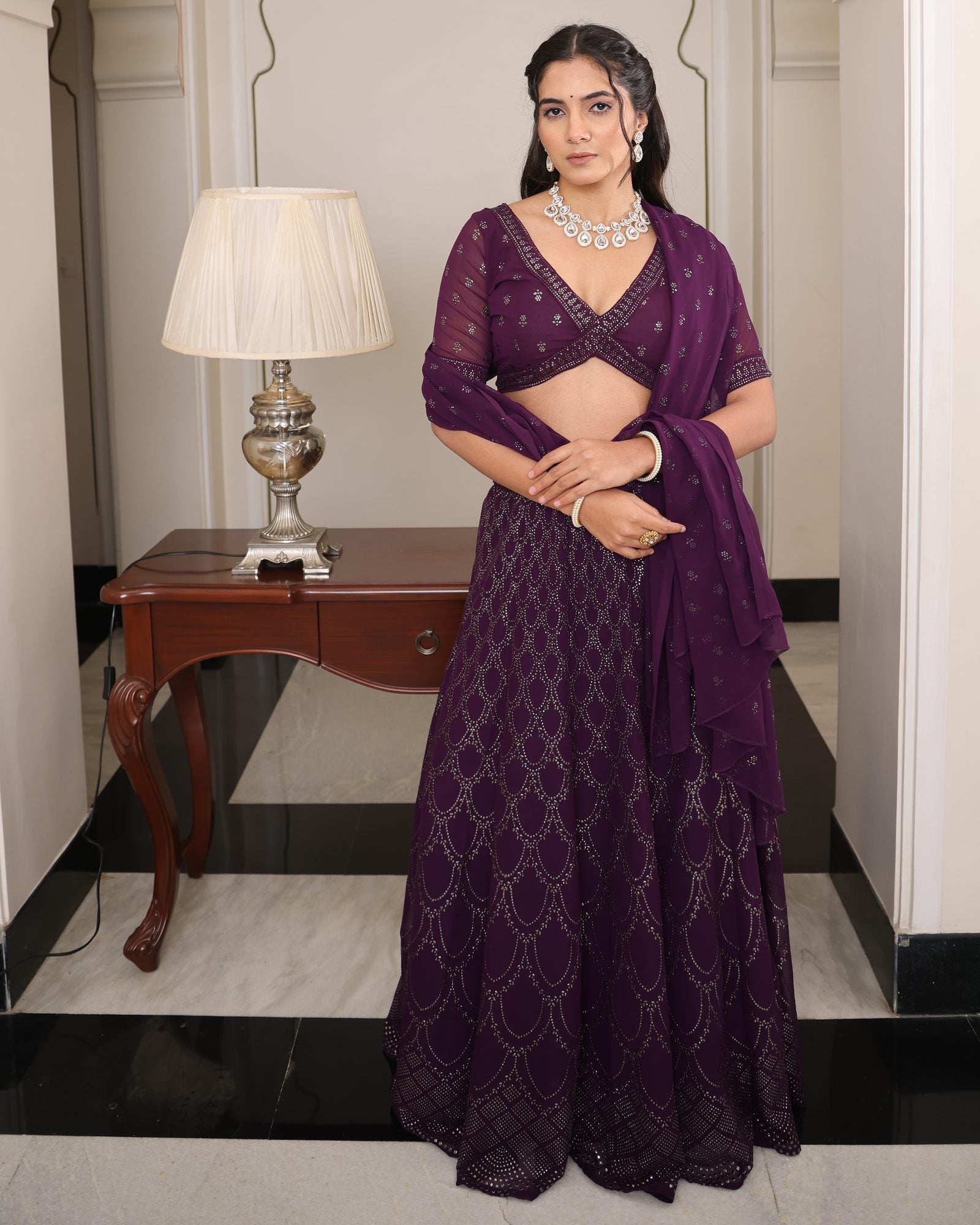 Women’s Wine Purple Heavy Embroidered Wedding & Reception Wear Lehenga Choli with Dupatta