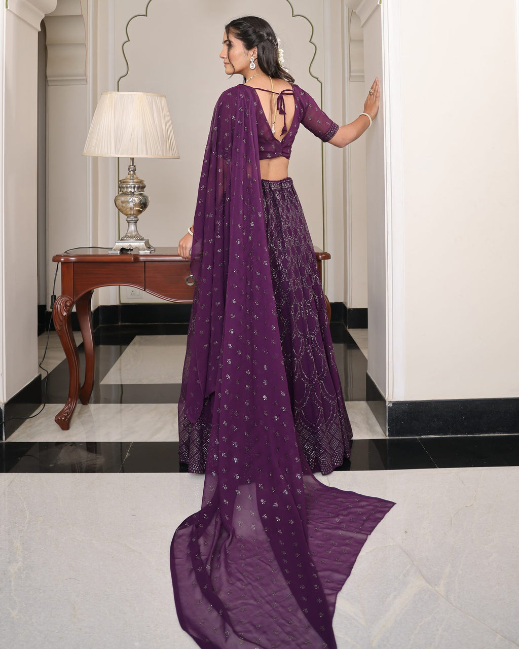 Women’s Wine Purple Heavy Embroidered Wedding & Reception Wear Lehenga Choli with Dupatta