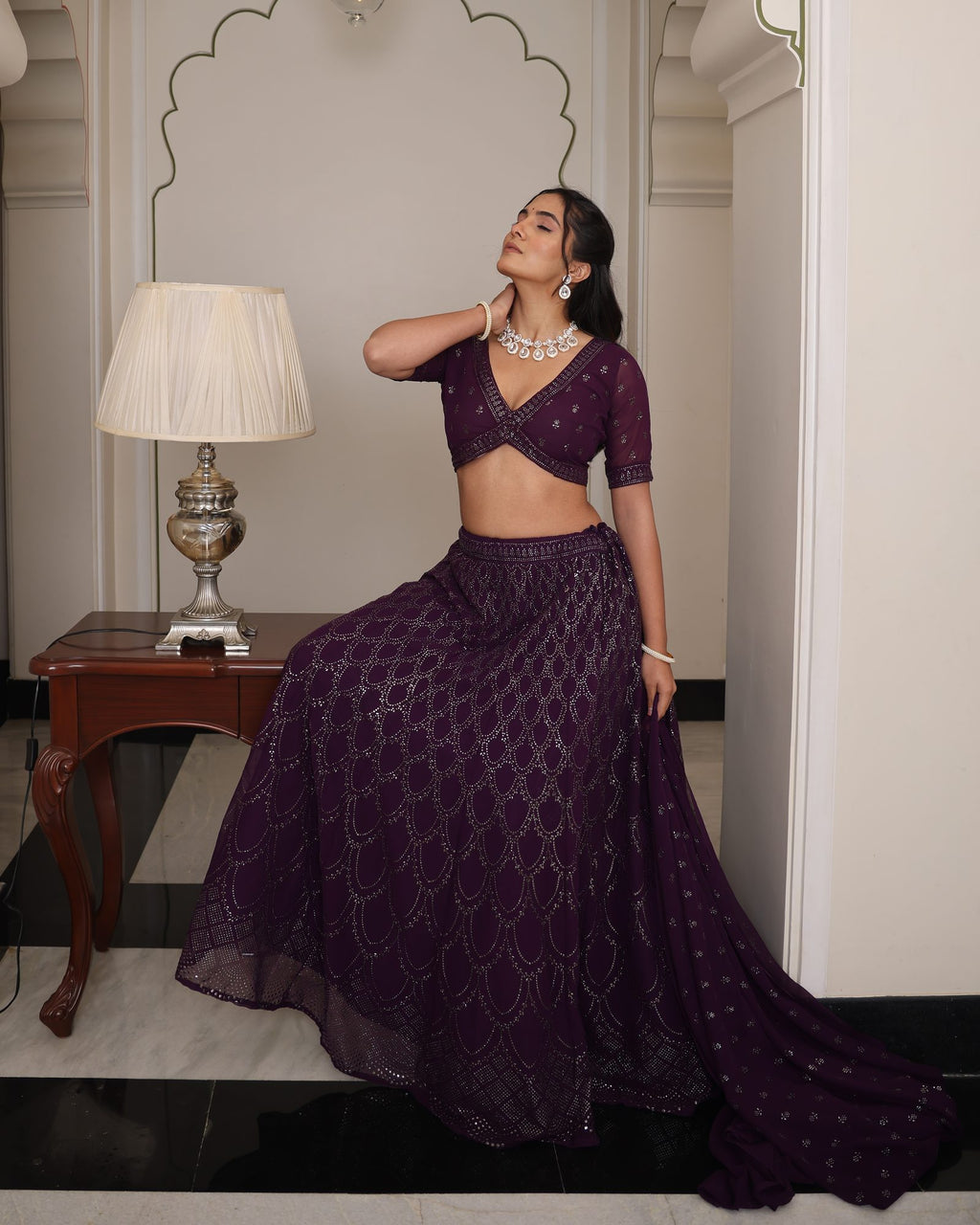 Women’s Wine Purple Heavy Embroidered Wedding & Reception Wear Lehenga Choli with Dupatta