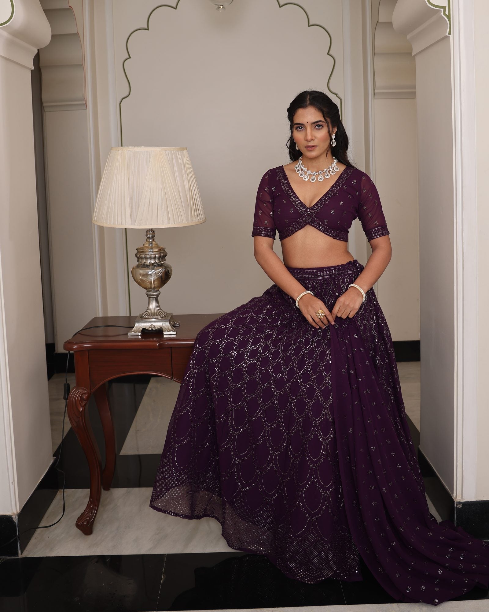 Women’s Wine Purple Heavy Embroidered Wedding & Reception Wear Lehenga Choli with Dupatta