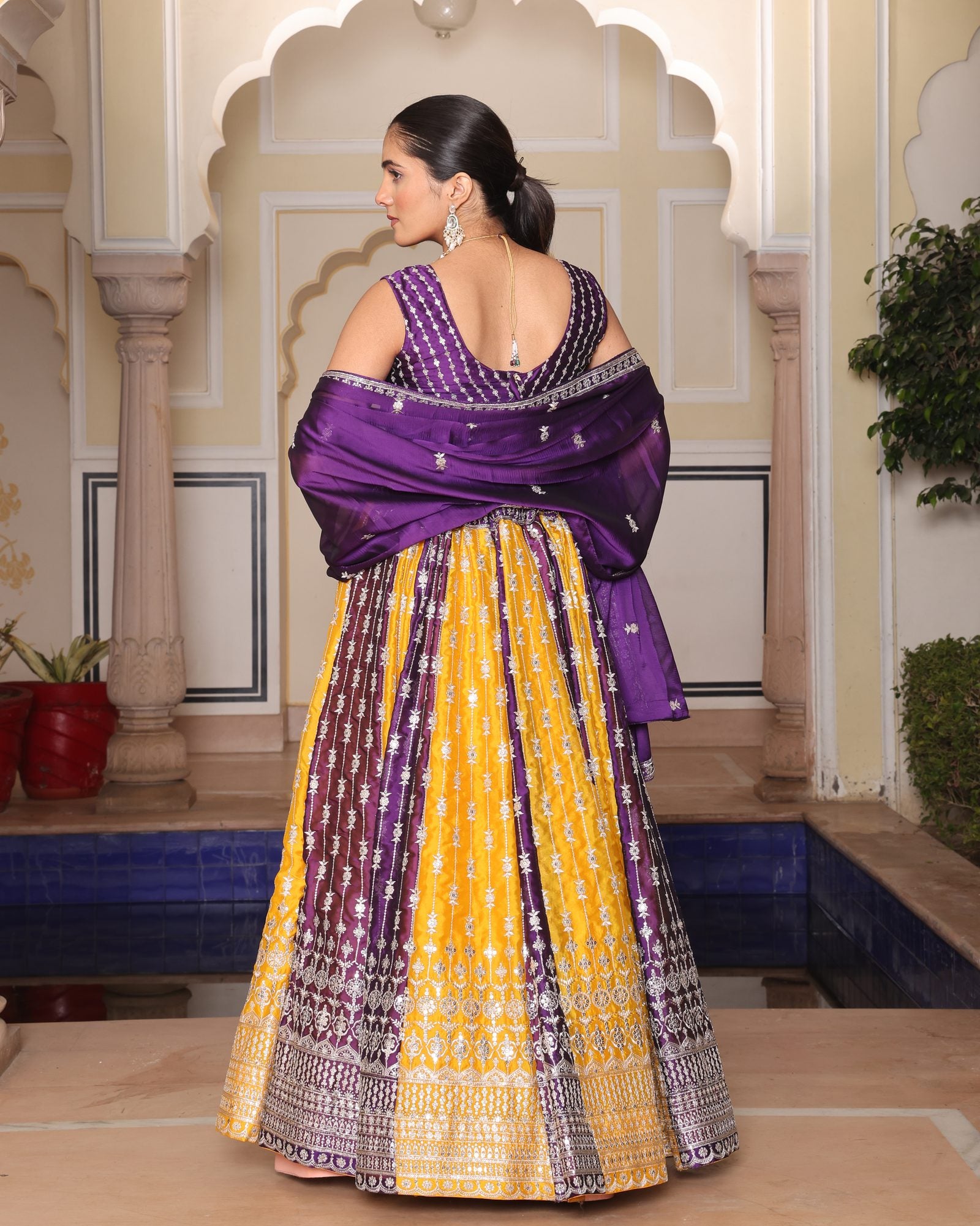 Purple & Mustard Yellow Zari Weaving Work Festive & Wedding Wear Semi-Stitched Lehenga Choli with Dupatta