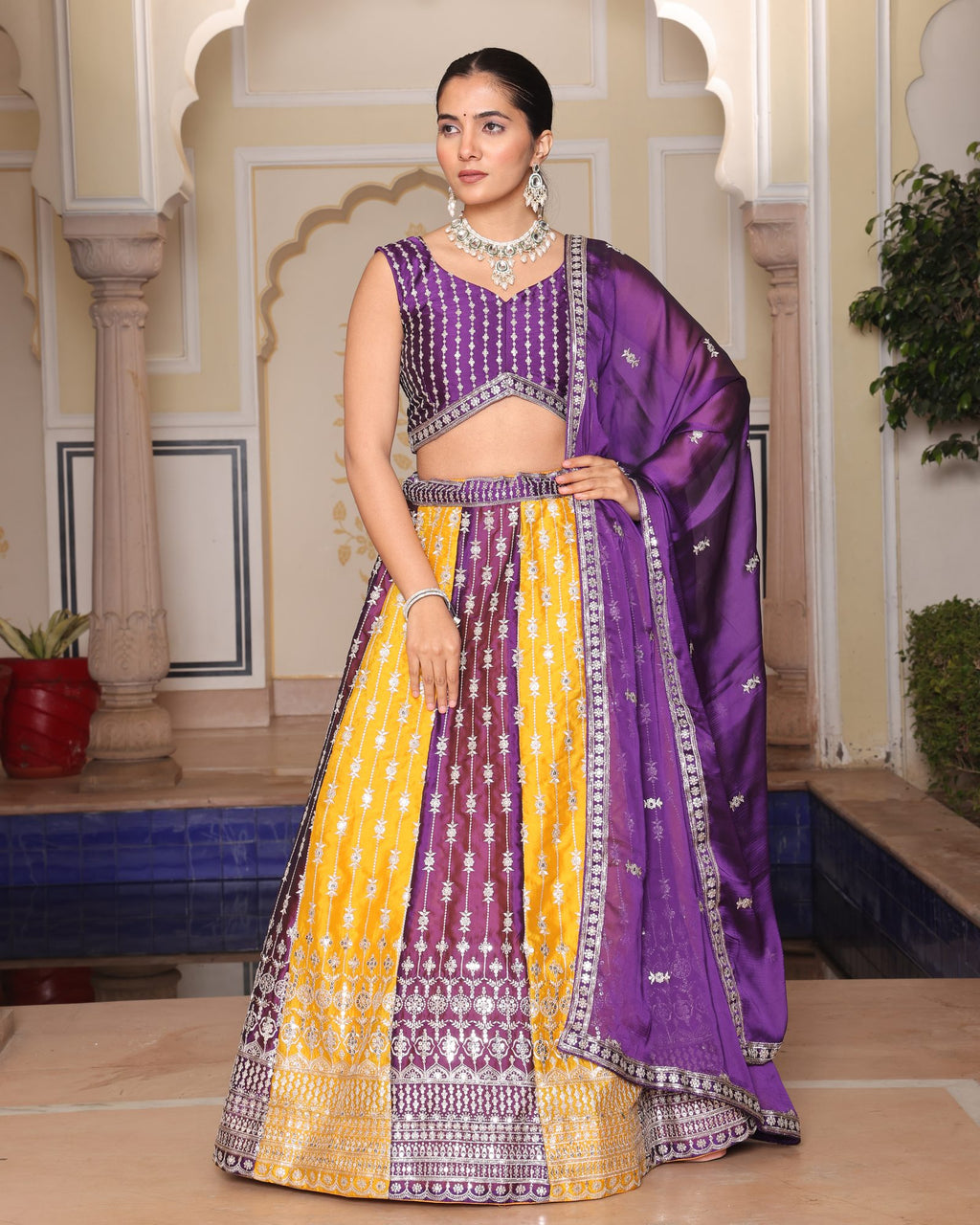 Purple & Mustard Yellow Zari Weaving Work Festive & Wedding Wear Semi-Stitched Lehenga Choli with Dupatta