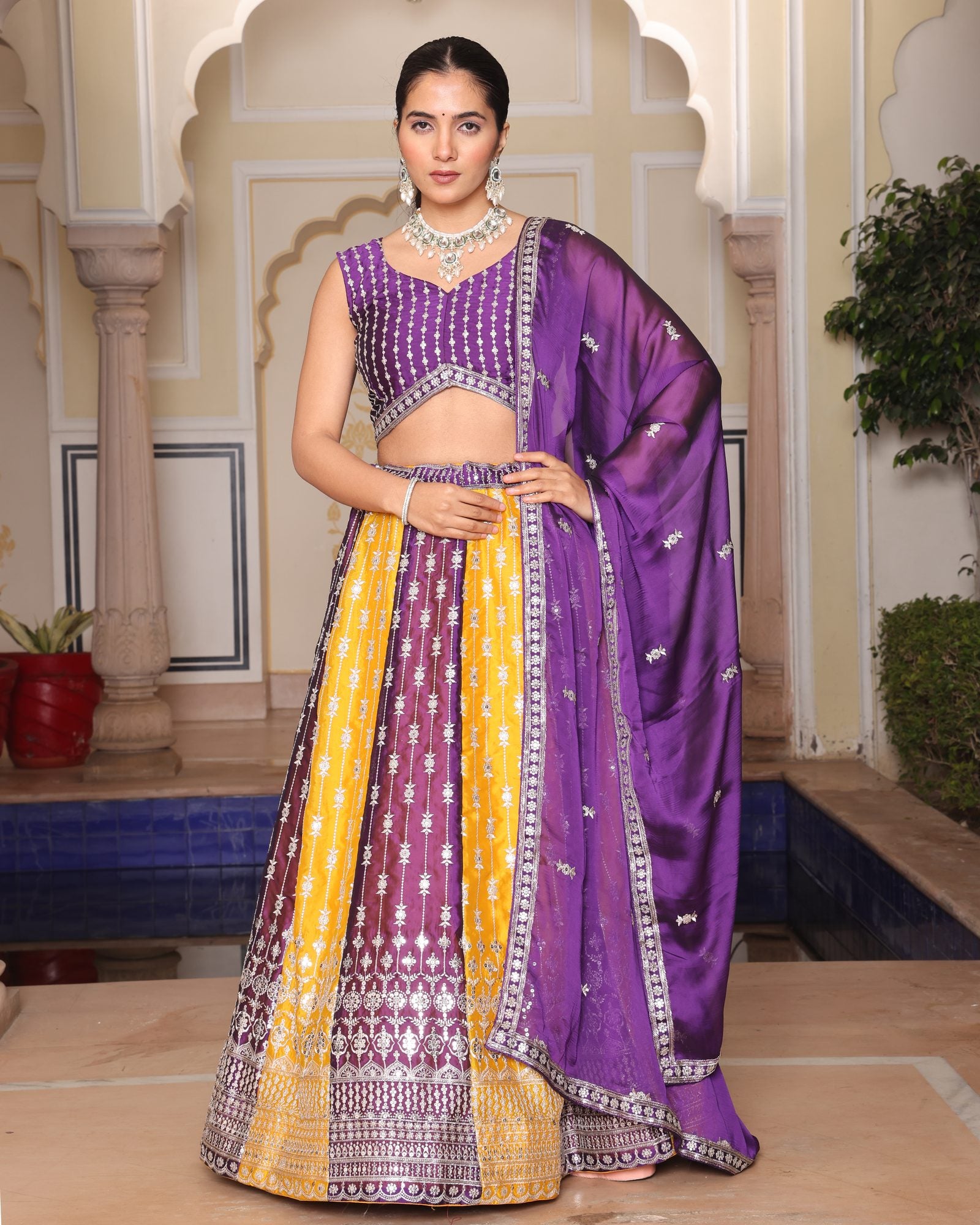 Purple & Mustard Yellow Zari Weaving Work Festive & Wedding Wear Semi-Stitched Lehenga Choli with Dupatta