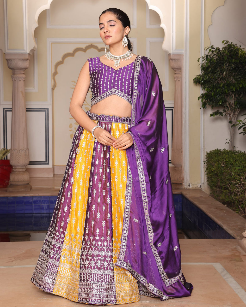 Purple & Mustard Yellow Zari Weaving Work Festive & Wedding Wear Semi-Stitched Lehenga Choli with Dupatta