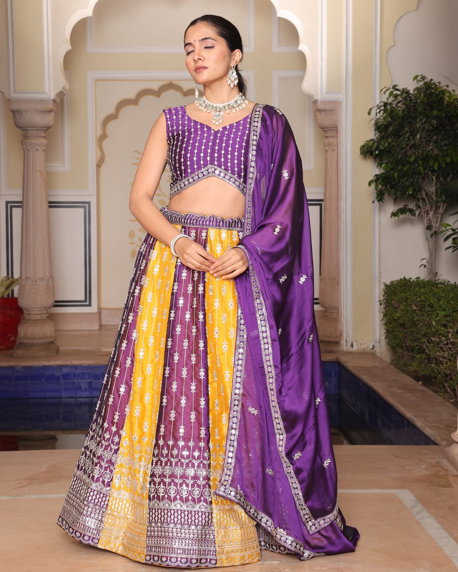 Purple & Mustard Yellow Zari Weaving Work Festive & Wedding Wear Semi-Stitched Lehenga Choli with Dupatta