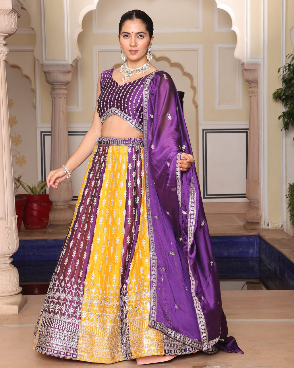 Purple & Mustard Yellow Zari Weaving Work Festive & Wedding Wear Semi-Stitched Lehenga Choli with Dupatta