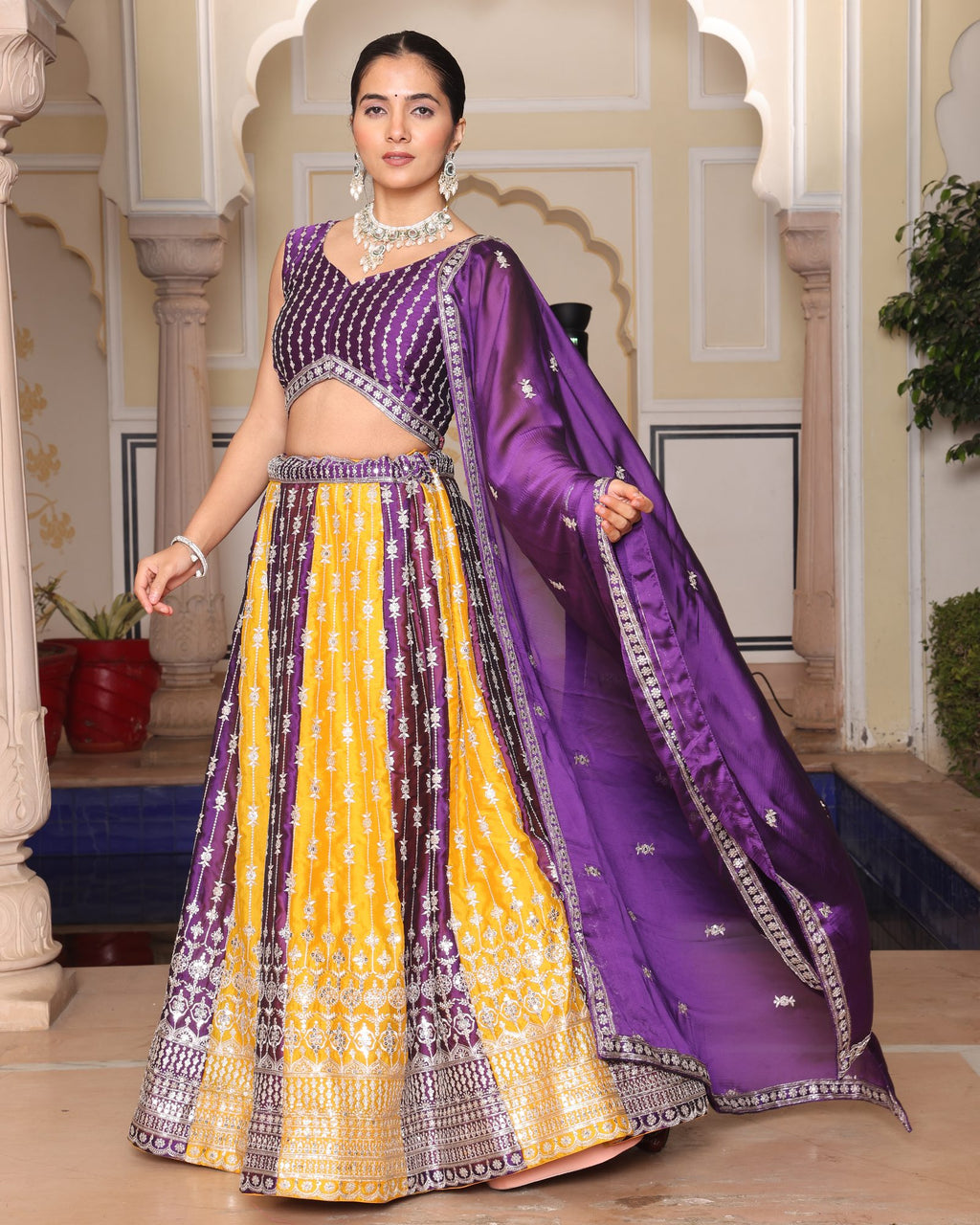 Purple & Mustard Yellow Zari Weaving Work Festive & Wedding Wear Semi-Stitched Lehenga Choli with Dupatta