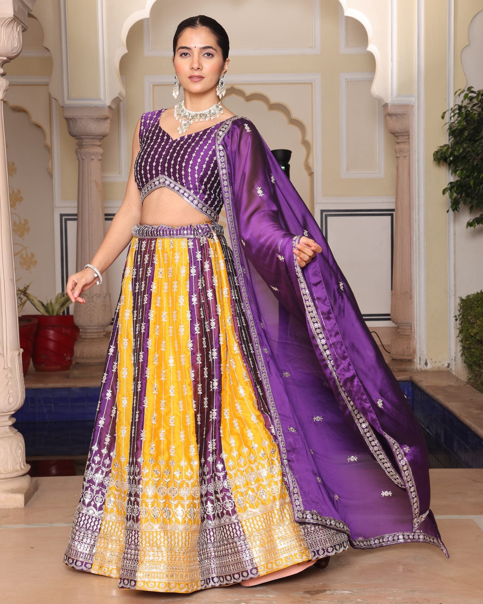 Purple & Mustard Yellow Zari Weaving Work Festive & Wedding Wear Semi-Stitched Lehenga Choli with Dupatta